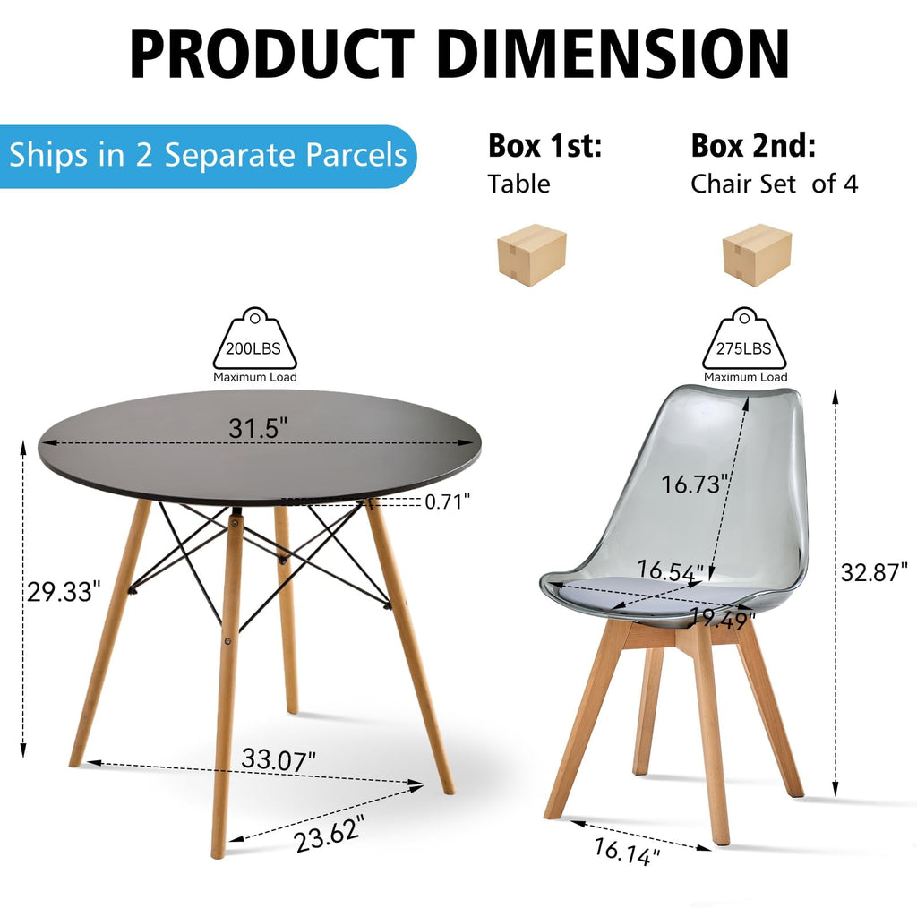 5-Piece 35.5'' Round Dining Table Set for 4, Kitchen Table Chair Set of 4, Mid-Century Modern Dinette Dining Room Table Set Dinner Table for 4 W/Solid Wood Legs, White