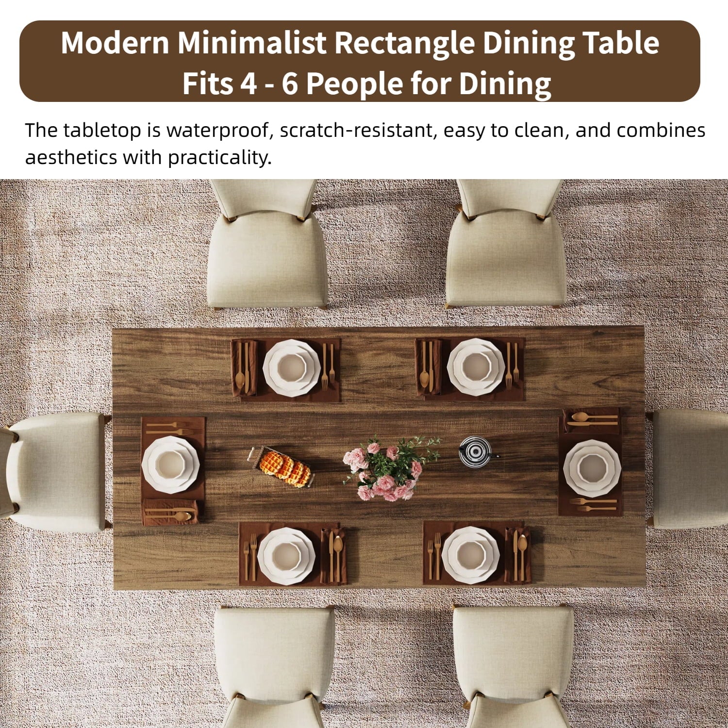 Fnova 63 Rectangular Modern Dining Table, Wooden Modern Kitchen Table for 6 People for Dining Room, Warm Brown (Chairs Not Included)