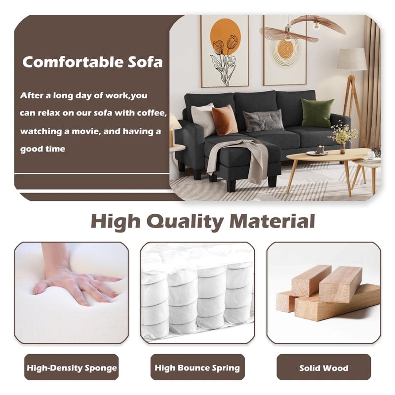 Homall Convertible Sectional Sofa Couch, Modern Linen Fabric L-Shaped Couch 3-Seat Sofa Sectional with Reversible Chaise for Small Living Room, Apartment and Small Space, Light Gray