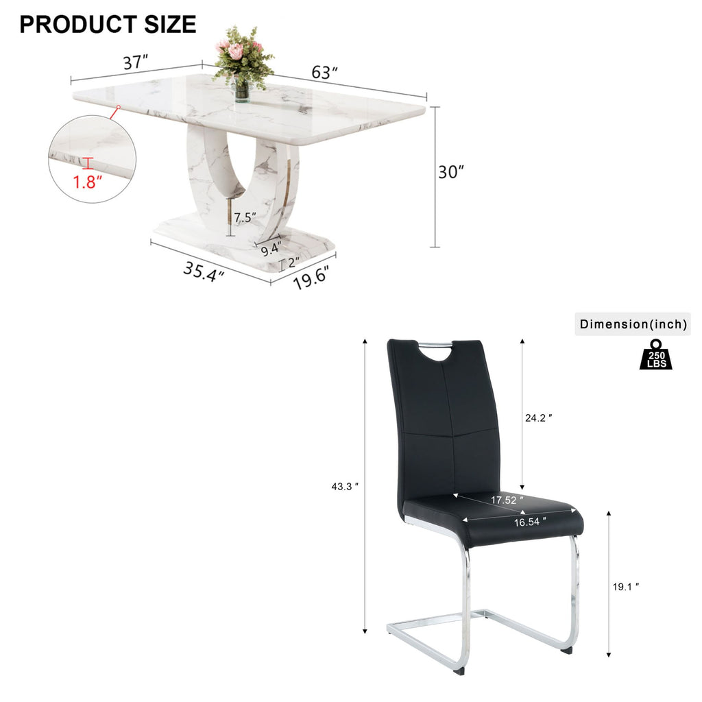 63 Modern White Rectangle Faux Marble Dining Table Room Sets for 4,Dining Table with 4 Velvet Dining Chairs,White Table and 4 Gray Chairs with Silver Leg