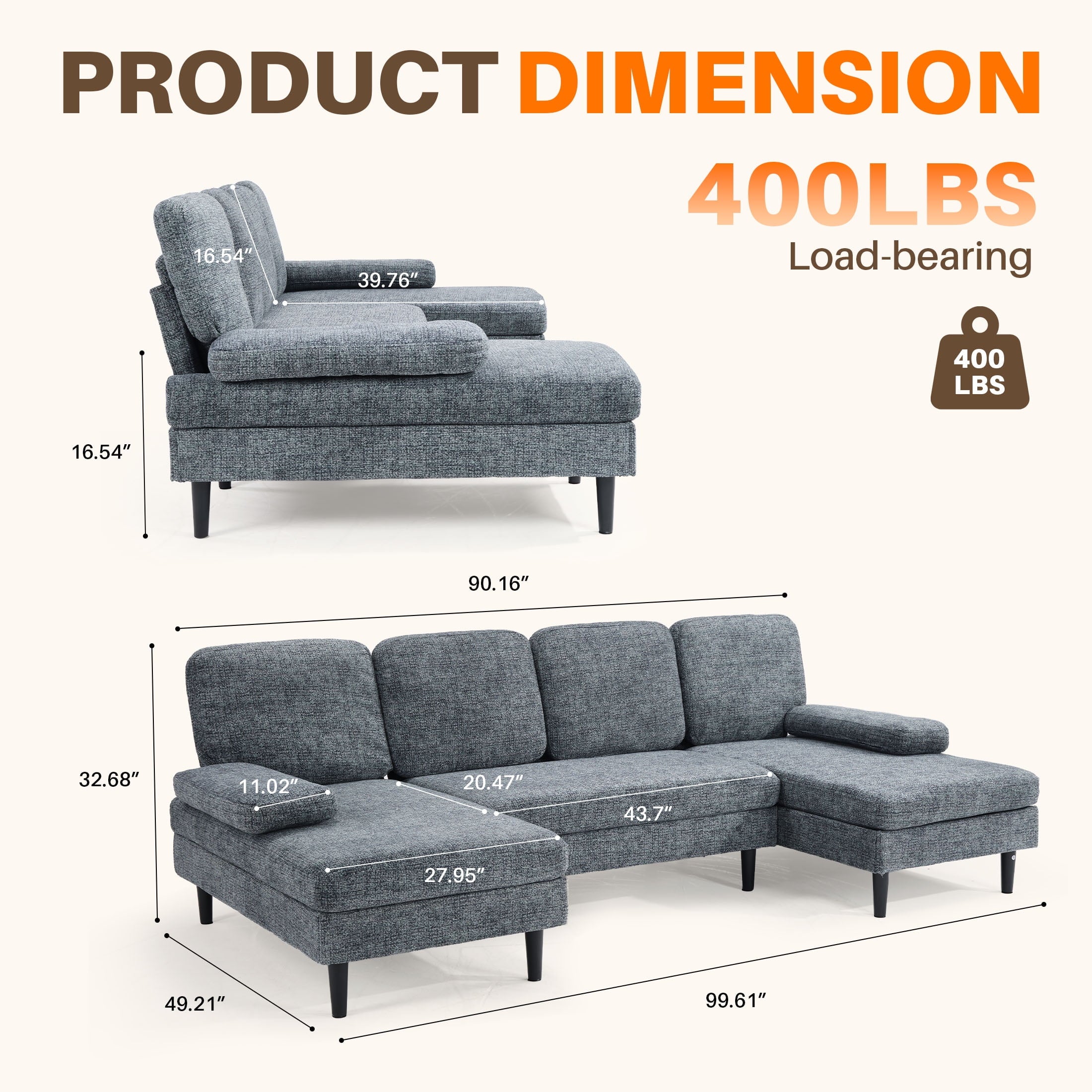 edx 99 U-Shaped 6 Seat Sofa Couch for Living Room, Linen Fabric Sofa Bed with Removable Pillows for Home and Apartment (Fabric, Dark Grey)