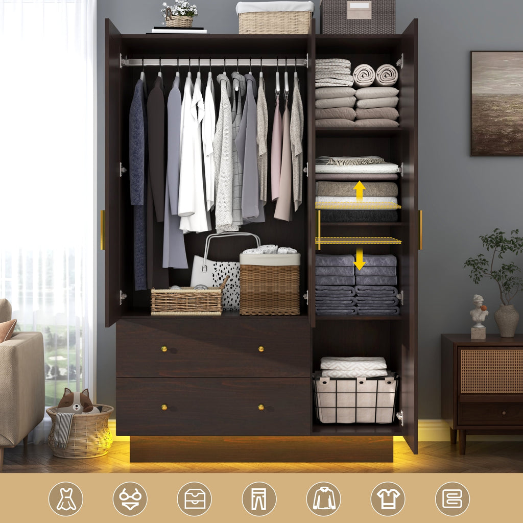 Blotout 70 Armoire Wardrobe Closet with Mirror, LED Wardrobe Armoire with 2 Drawers, 3 Door Wood Armoire Storage with Hanging Rods and Multi-Layer Shelves