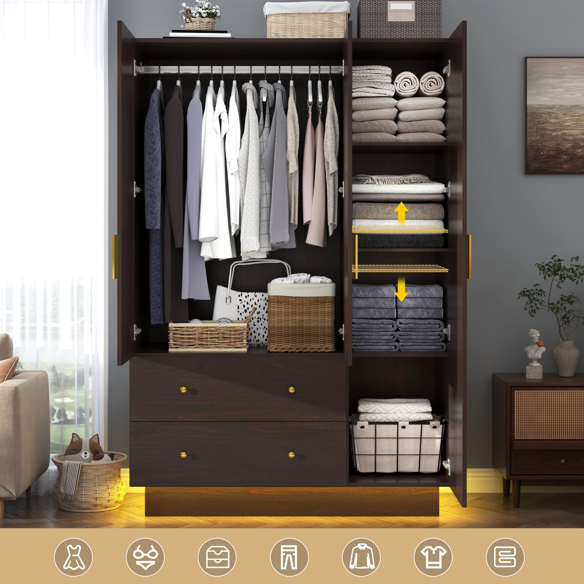 Blotout 70 Armoire Wardrobe Closet with Mirror, LED Wardrobe Armoire with 2 Drawers, 3 Door Wood Armoire Storage with Hanging Rods and Multi-Layer Shelves
