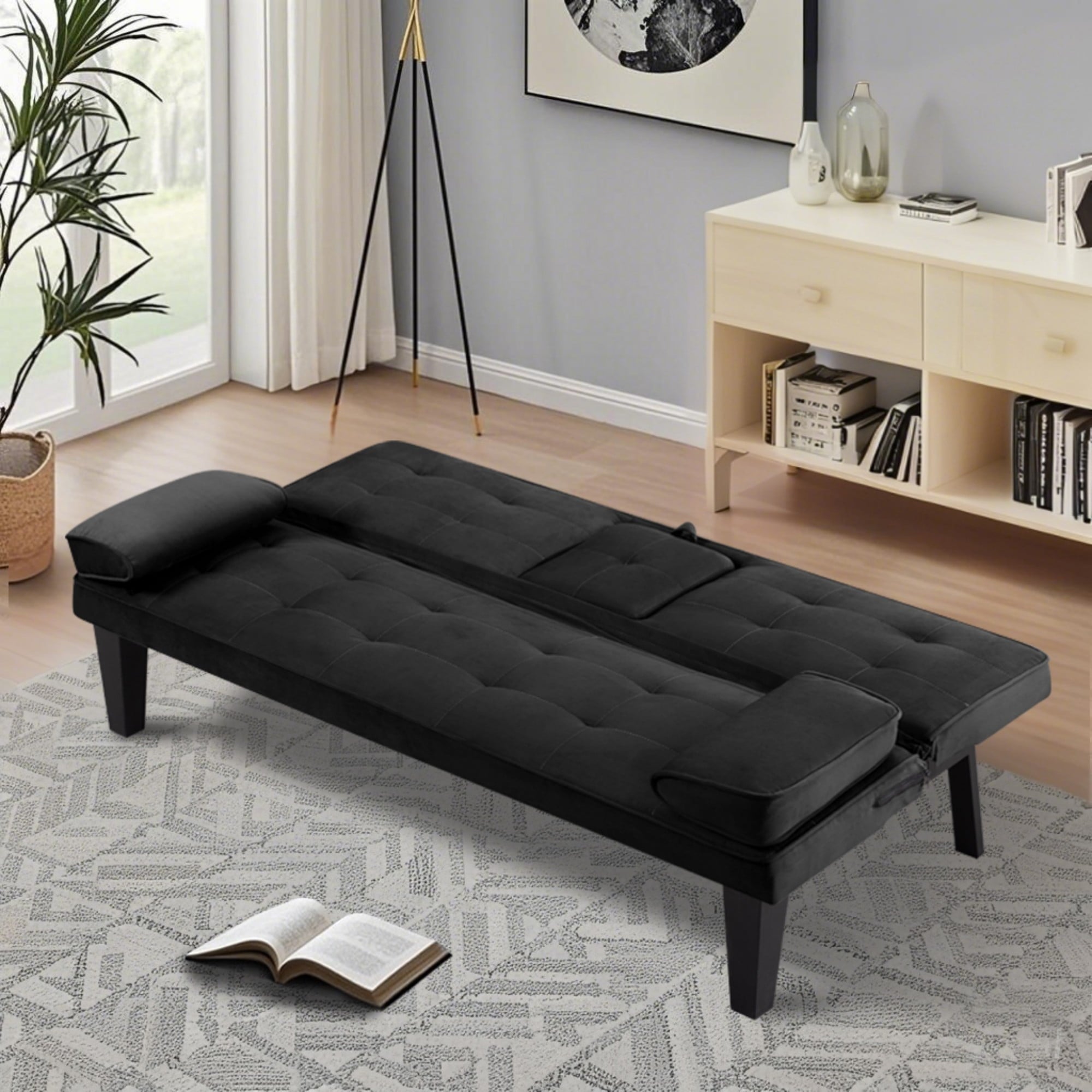 BSHTI 65 Modern Velvet Futon Sofa Bed with Drop Down Cup Holders, 3-Position Adjustable Backrest, Removable Arm Cushions, Chrome Legs for Living Room & Guest Room Black