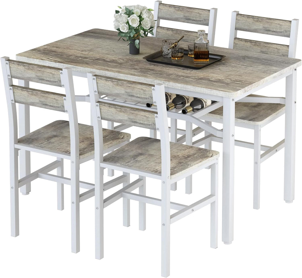 LinkRomat Dining Table Set for 4, Farmhouse Kitchen Table with 4 Wood Chairs, Dining Room Set for Breakfast Nook, Small Places, Restaurant, Gray