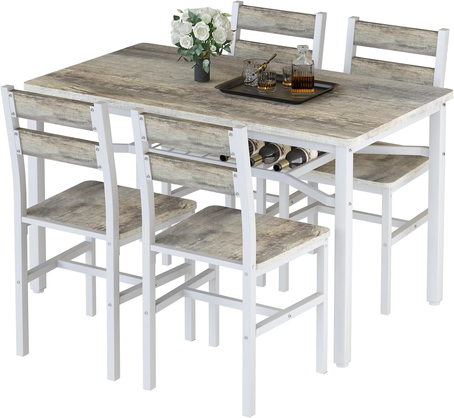 LinkRomat Dining Table Set for 4, Farmhouse Kitchen Table with 4 Wood Chairs, Dining Room Set for Breakfast Nook, Small Places, Restaurant, Gray