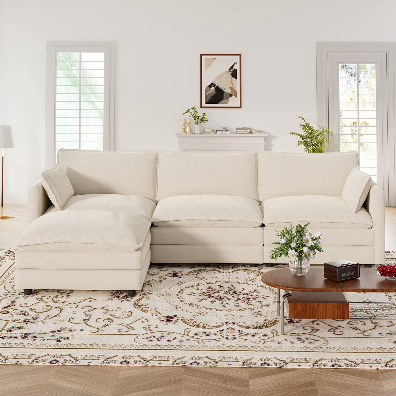 Muumblus Sectional Sofa Cloud Couch with Reversible Ottoman, L-Shaped Chenille Sofa for Living Rooms, Beige