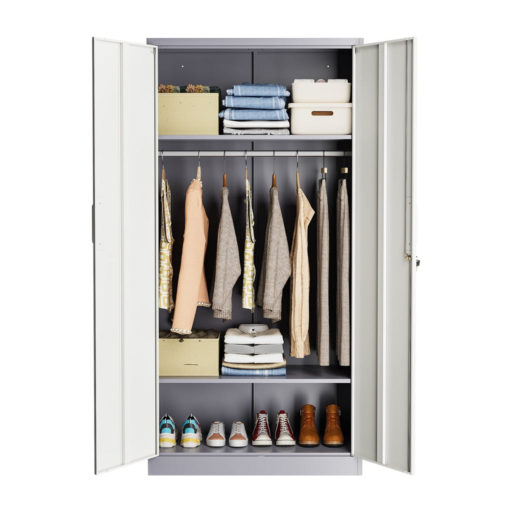 STANI Metal Wardrobe Closet with Hanging Rod, 72 White Armoire Wardrobe Cabinet with Adjustable Shelves, Clothes Storage Organizer Cabinets for Bedroom, Bathroom, Office