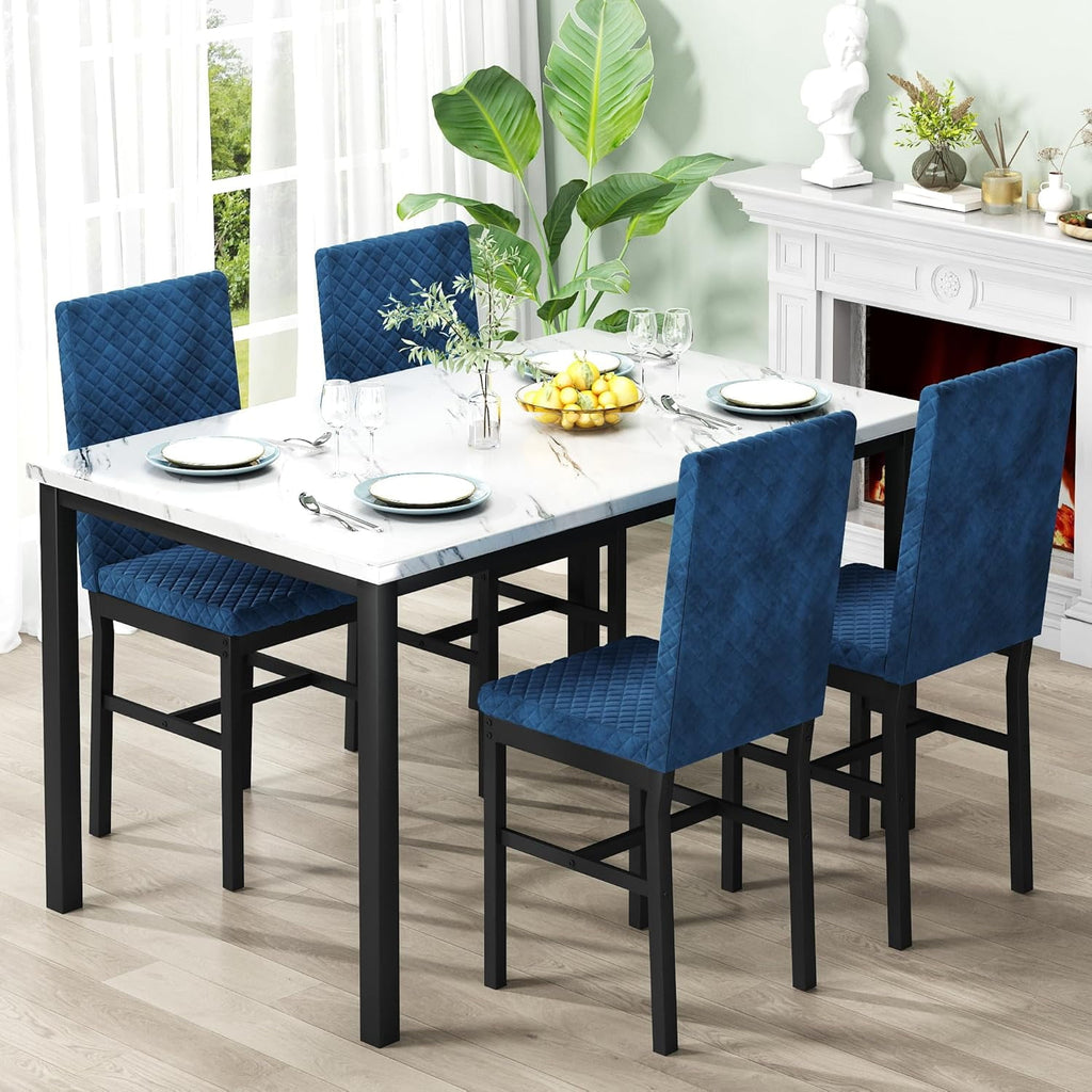 Baxluxe Dining Table Set for 4, Modern 5 Piece Dining Table Set, Faux Marble Kitchen Table and 4 Velvet Upholstered Chairs for Apartments, Dining Rooms, Small Spaces, Gray