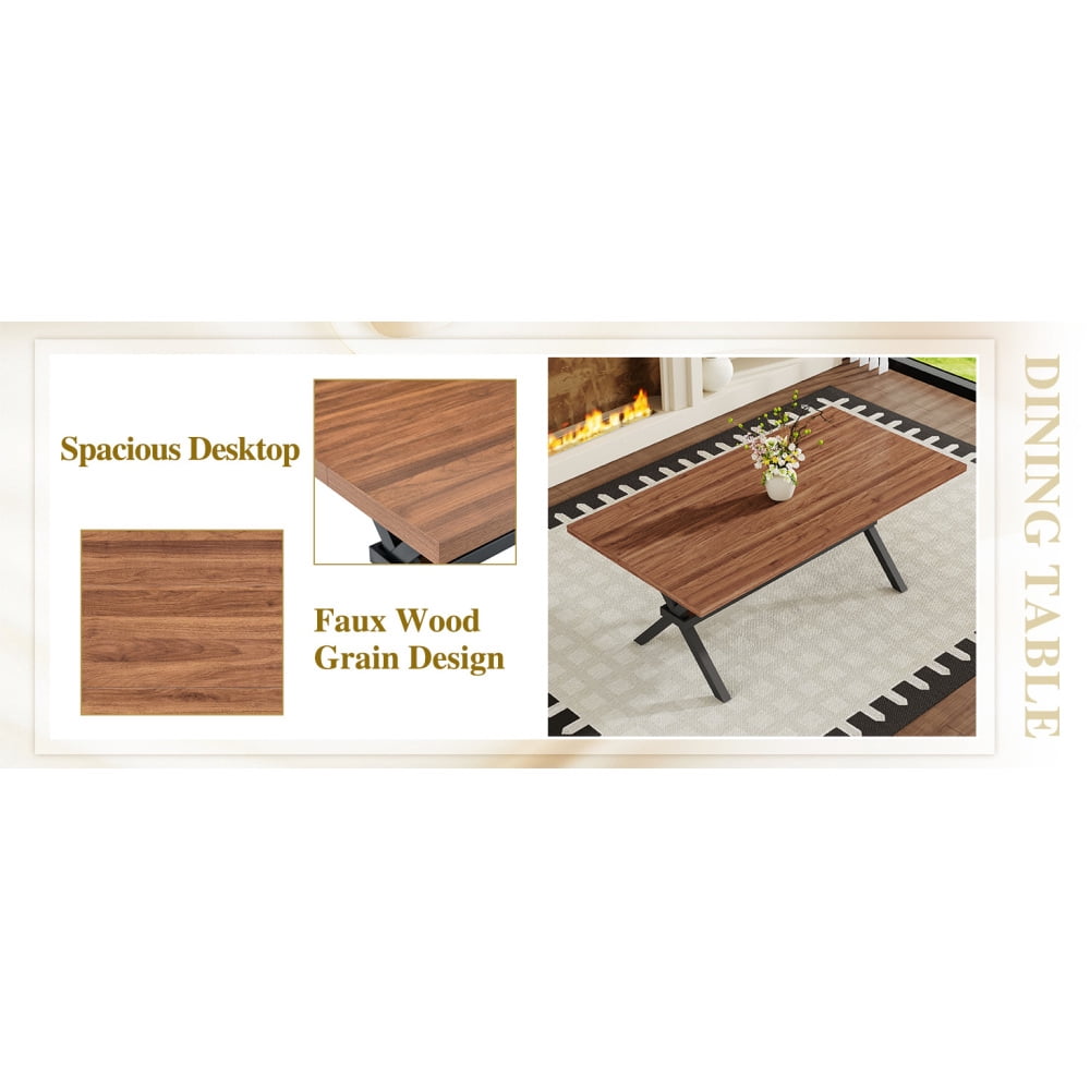 Modern 71 Wood Dining Table, Light Wood Grain MDF Top with X-Shaped Metal Legs, Seats 6-8 People, for Kitchen & Dining Room