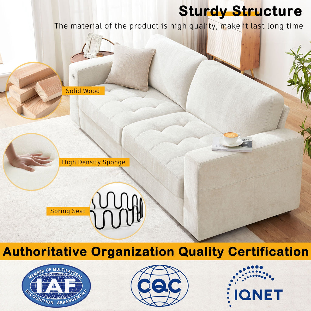 Bedluxury 89 Deep Sofa Couch with USB/Type-C Charging, Storage Pocket & Wide Armrest, Removable Cover, Seats 3 Adults, Chenille Beige