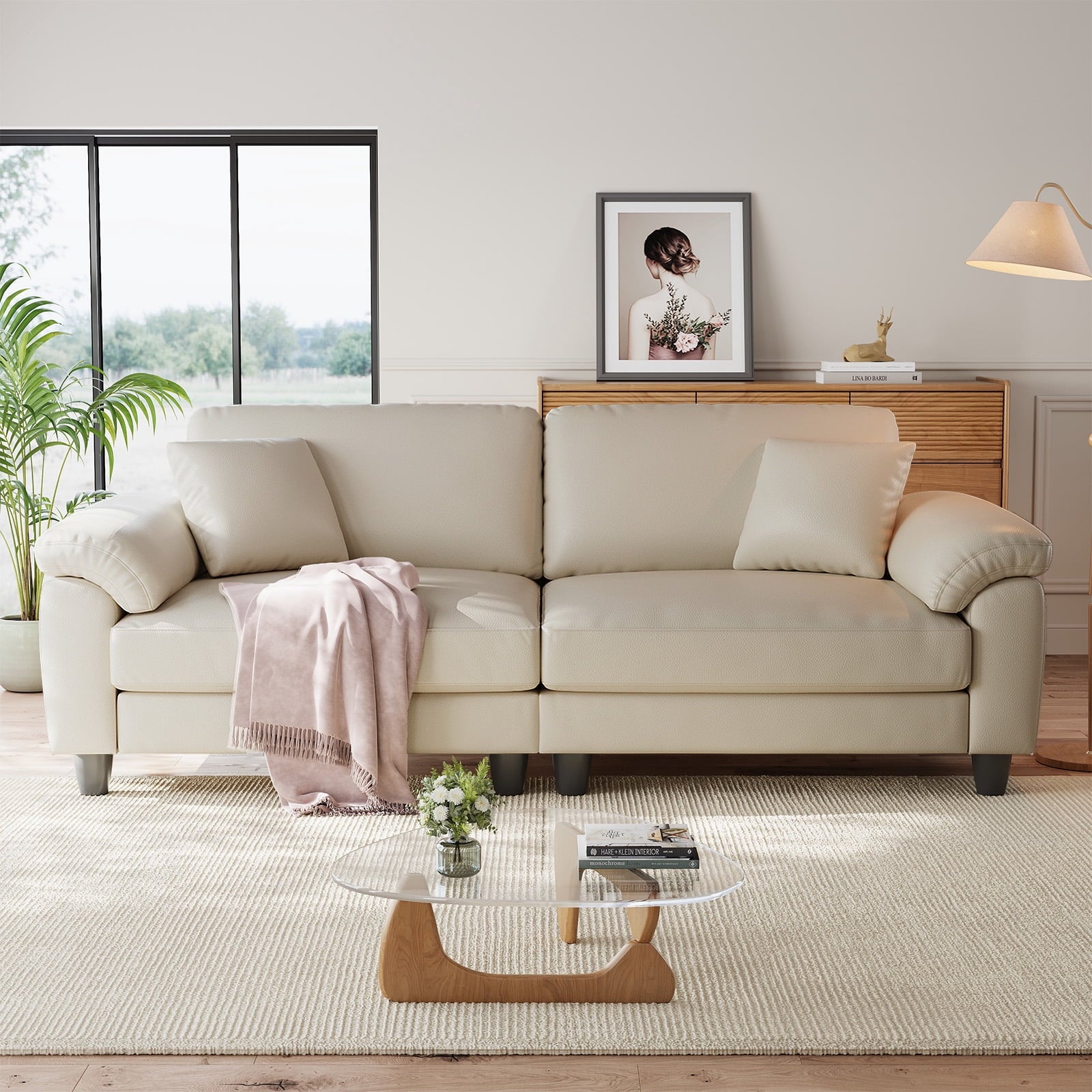 83 Couch Premium PU Leather Sofa, Comfy Extra Deep Seat 3 Seater Couch for Living Room, Oversized Loveseat with 2 Pillows, Beige