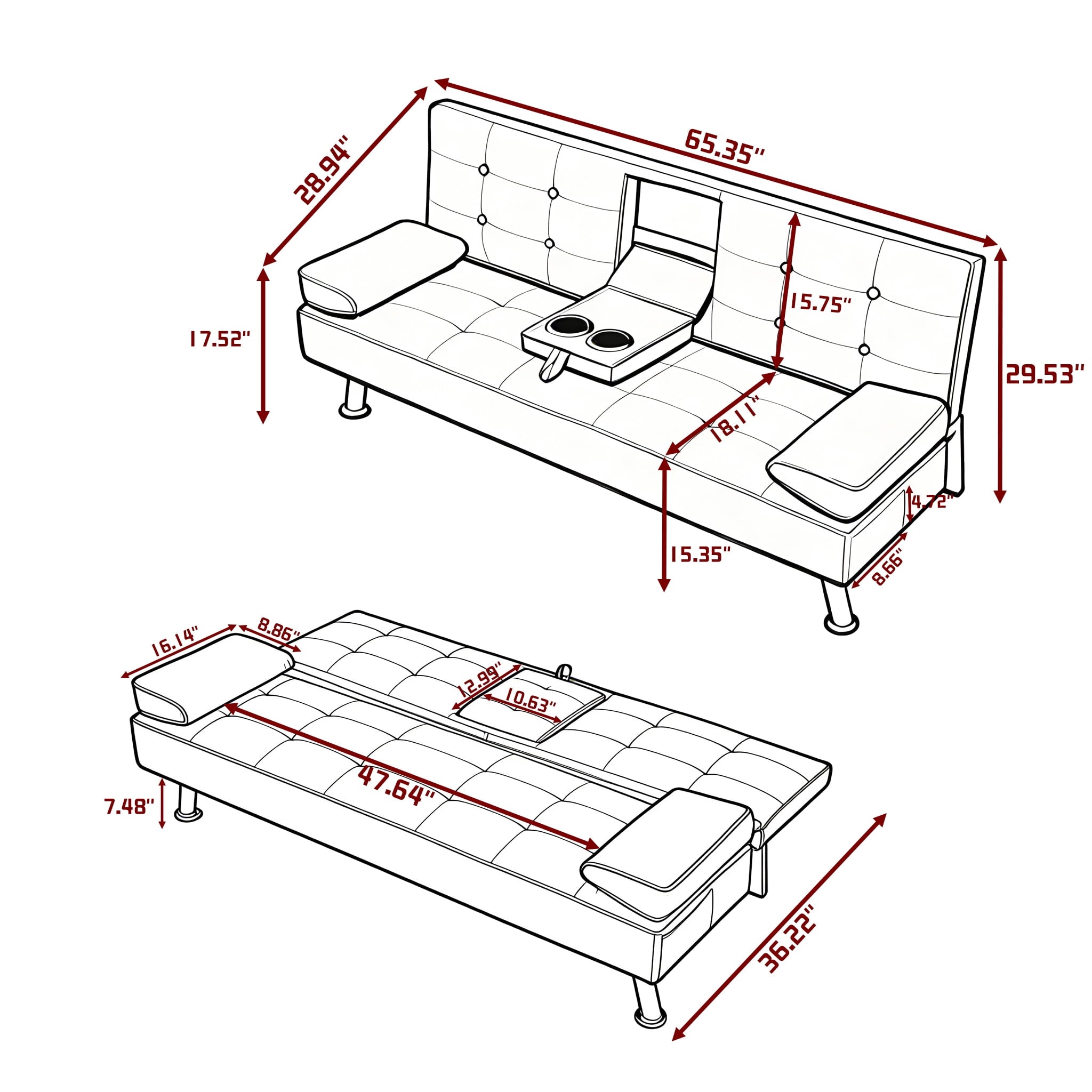 BSHTI 65 Modern Velvet Futon Sofa Bed with Drop Down Cup Holders, 3-Position Adjustable Backrest, Removable Arm Cushions, Chrome Legs for Living Room & Guest Room Black