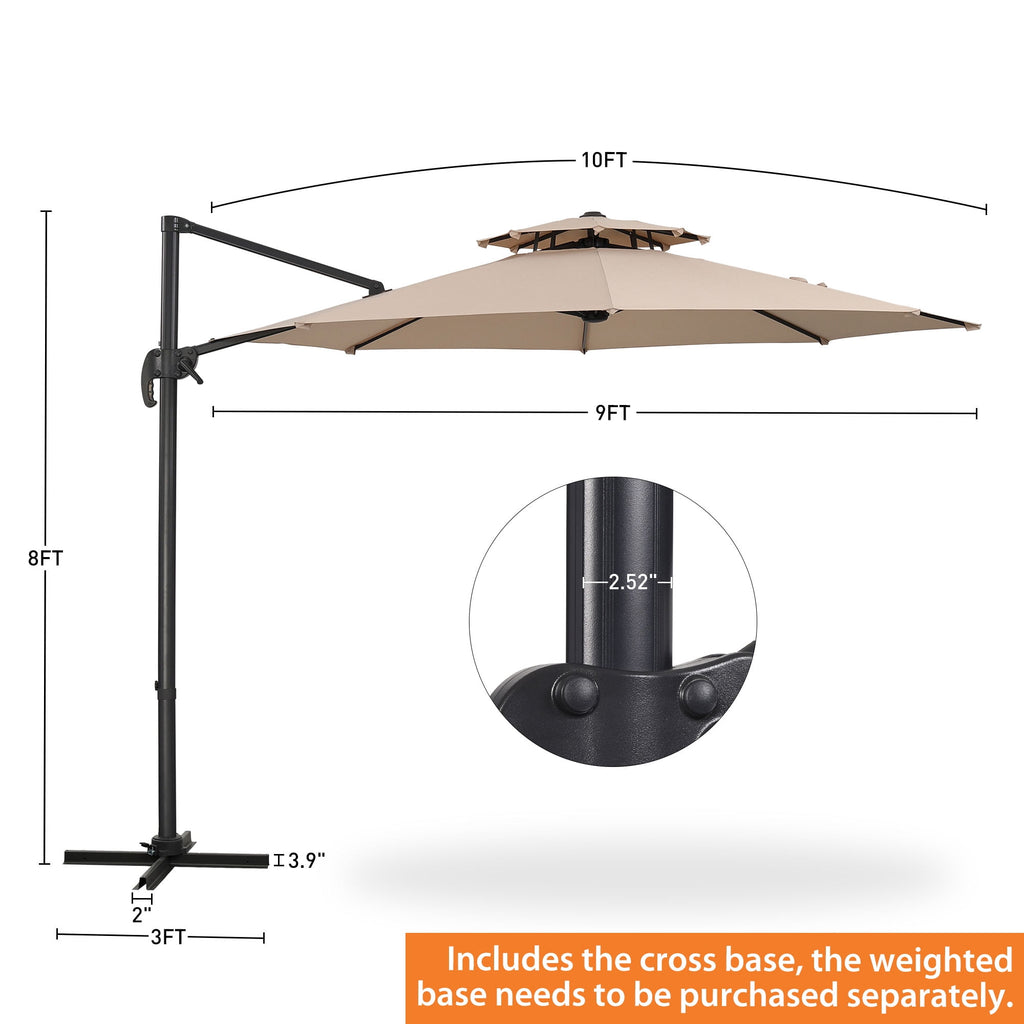 Ainfox 10ft Double Top Heavy-Duty Patio Cantilever Umbrella with lights and Cross Base, Outdoor Large Offset Hanging Aluminum Rotation Sun Shade Solar Umbrella with 360°Rotation Adjustable,Khaki