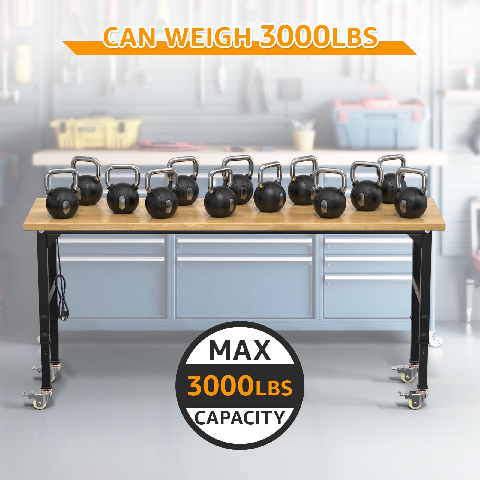60 Adjustable Workbench,Heavy-Duty Work Table,3000 LBS Load Capacity Hardwood Workstation Outlets with Power strips and Wheels,for Workshop, Garage