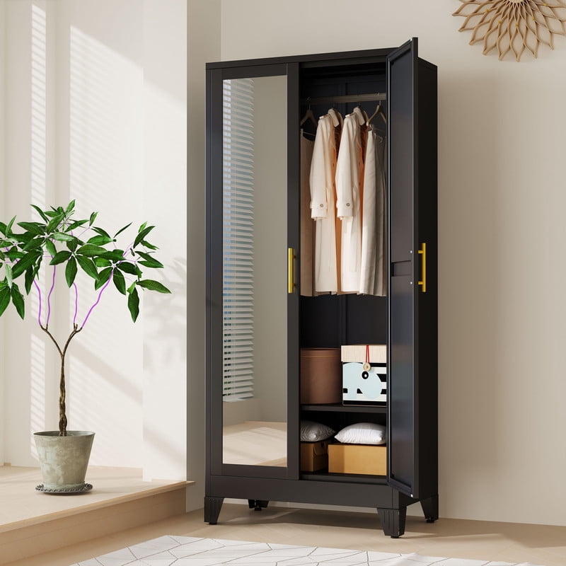 Ero Metal Freestanding Armoire Wardrobe Closet with Hanging Rod and Mirror