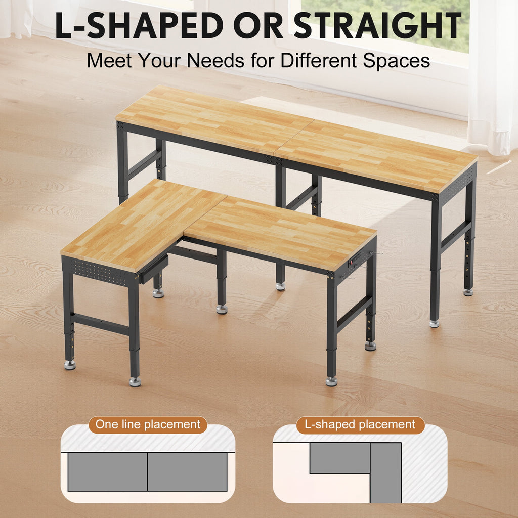 MUWOOD 96-inch L-Shaped Heavy-Duty Workbench with Adjustable Height, Wood Worktop, 5000 LBS Load Capacity for Garage, Workshop