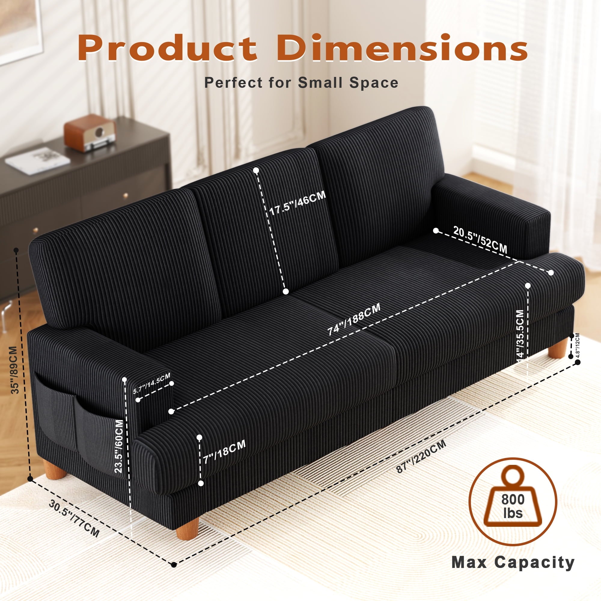 AAQZ 87 Corduroy Sofa Couch for Living Room, 3 Seater Deep Seat Comfy Couch in a Box, 2 Cushions, 2 Pillows Tool-Free Setup,Gray