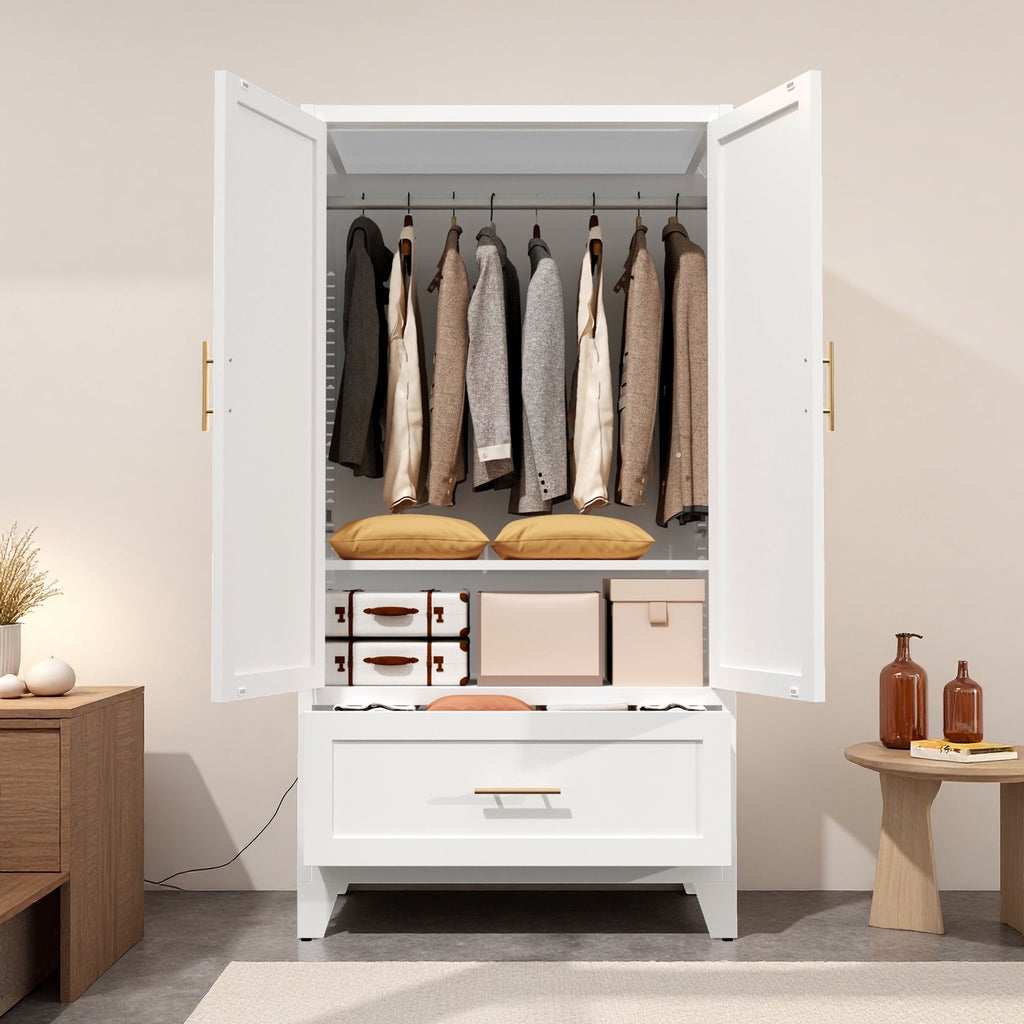 avobird 60 Tall Metal Wardrobe Cabinet with 1 Drawer and Hanging Rod, 2 Doors Wardrobe Closet with Shelf for Bedroom, Beige