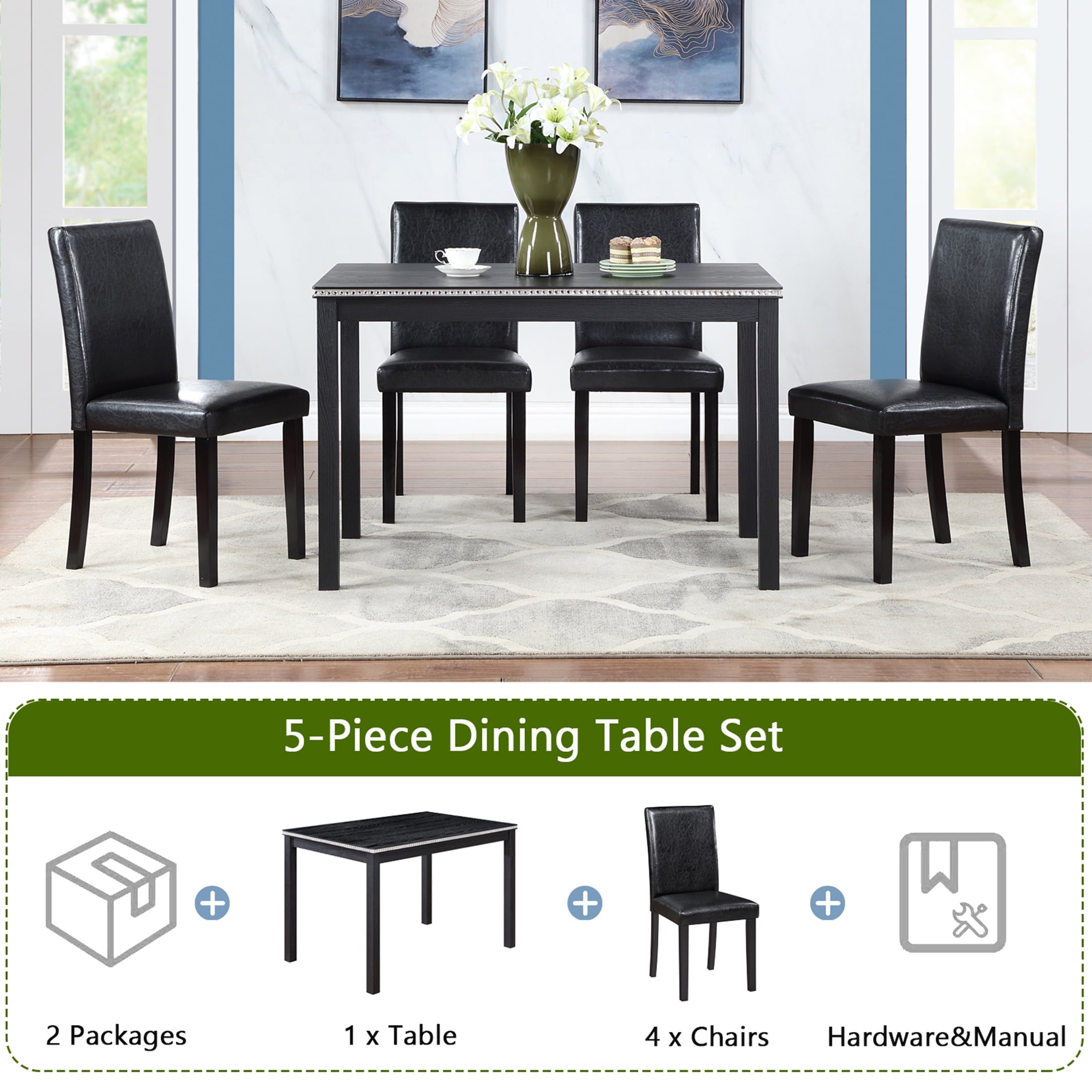 UHOMEPRO 5 Piece Dining Table Set, Modern Dining Table Sets with Rectangular Table and 4 Fabric Upholstered Chairs, Dining Set for Kitchen and Dining Room, White