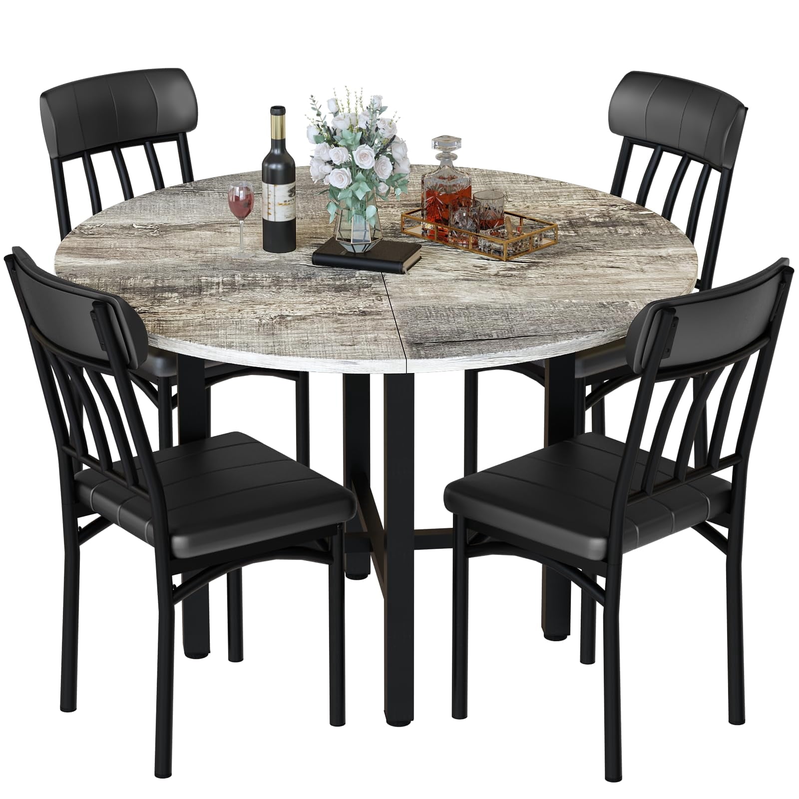 MOOSENG Round Dining Table Set for 4,Faux Marble Circle Dining Table Set with Chairs,Modern Kitchen Table and Chairs Set for 4,Round Dinner Table & Chair Set for Small Space