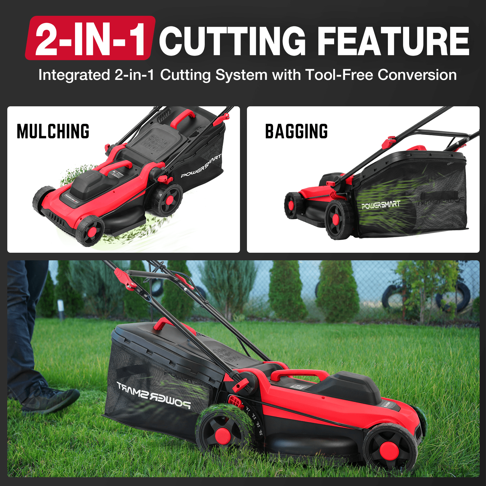 PowerSmart 14 120V 13A 2-in-1 Electric Push Lawn Mower, Easy Handling