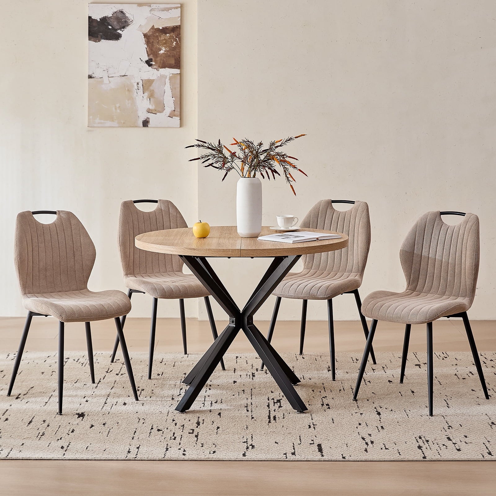 5 Piece 39 Round Dining Table Set for 4, Mid Century Kitchen Table with 4 Khaki Fabric Upholstered Dining Chairs for Apartment Living Room, Space Saving Table.