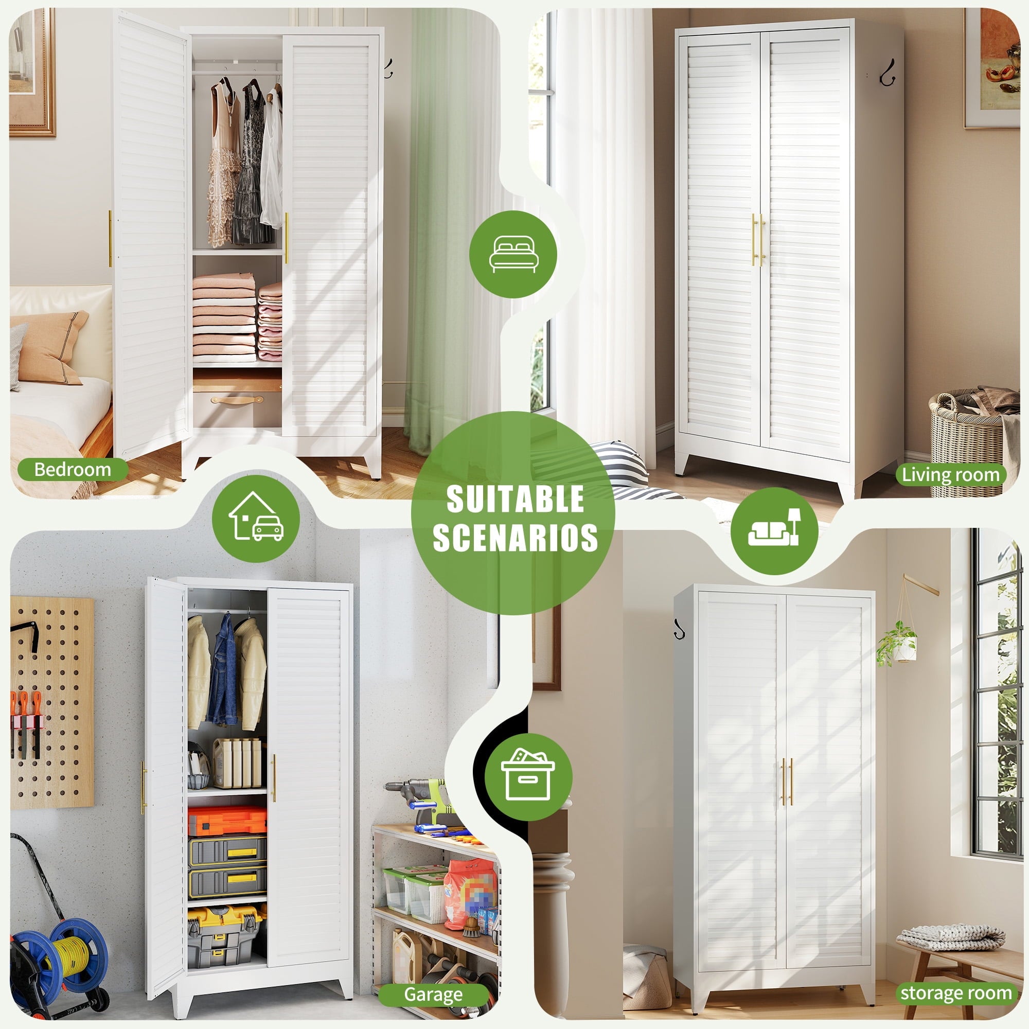AISWORD 60 Tall Metal Wardrobe Cabinet with 1 Drawer and Hanging Rod, 2 Doors Closet with Adjustable Shelf, White