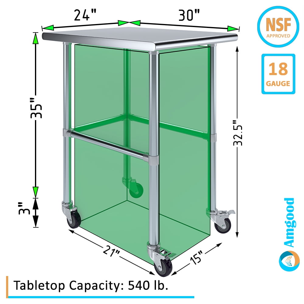 AmGood 36 Long x 30 Deep Stainless-Steel Work Table with Open Base and Wheels, Mobile Metal Table