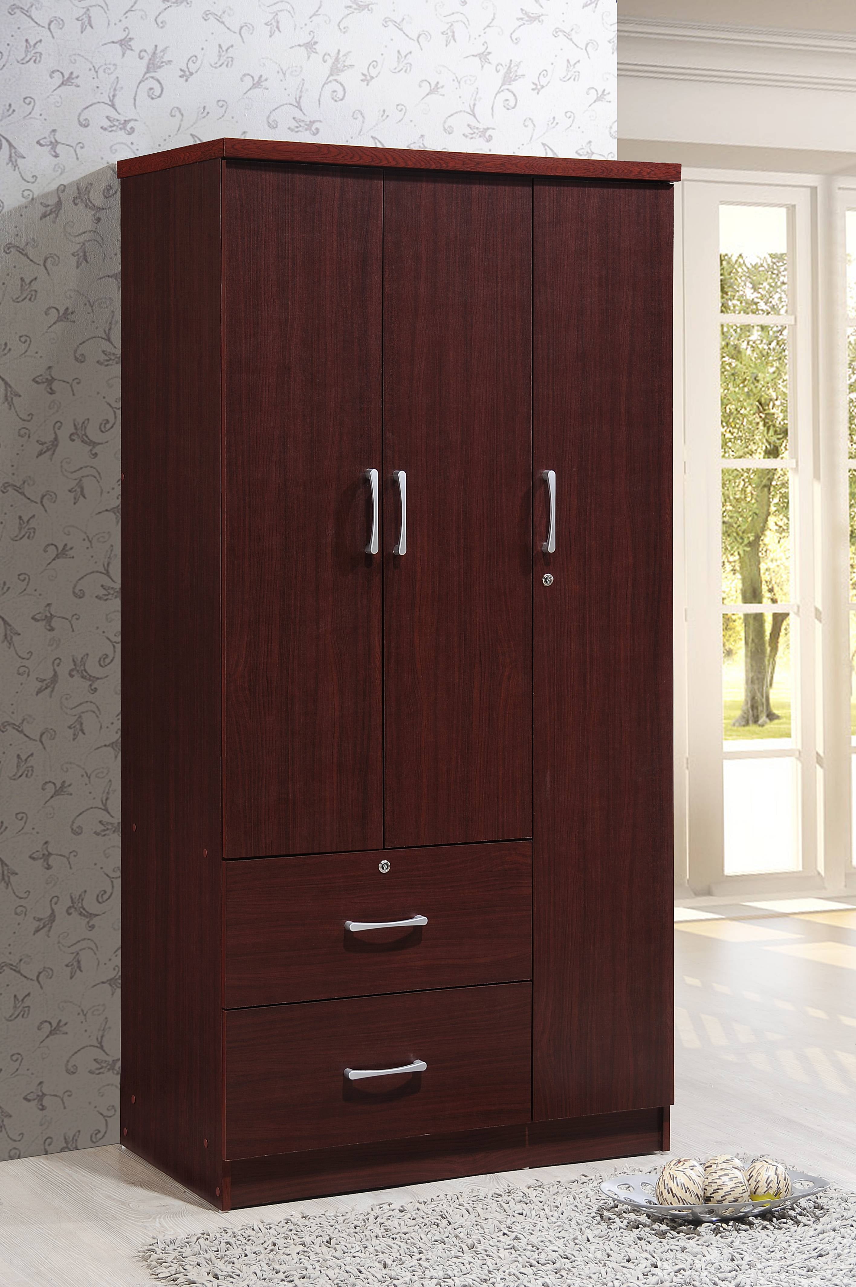 Hodedah 3 Door Bedroom Armoire with Drawers, White Finish