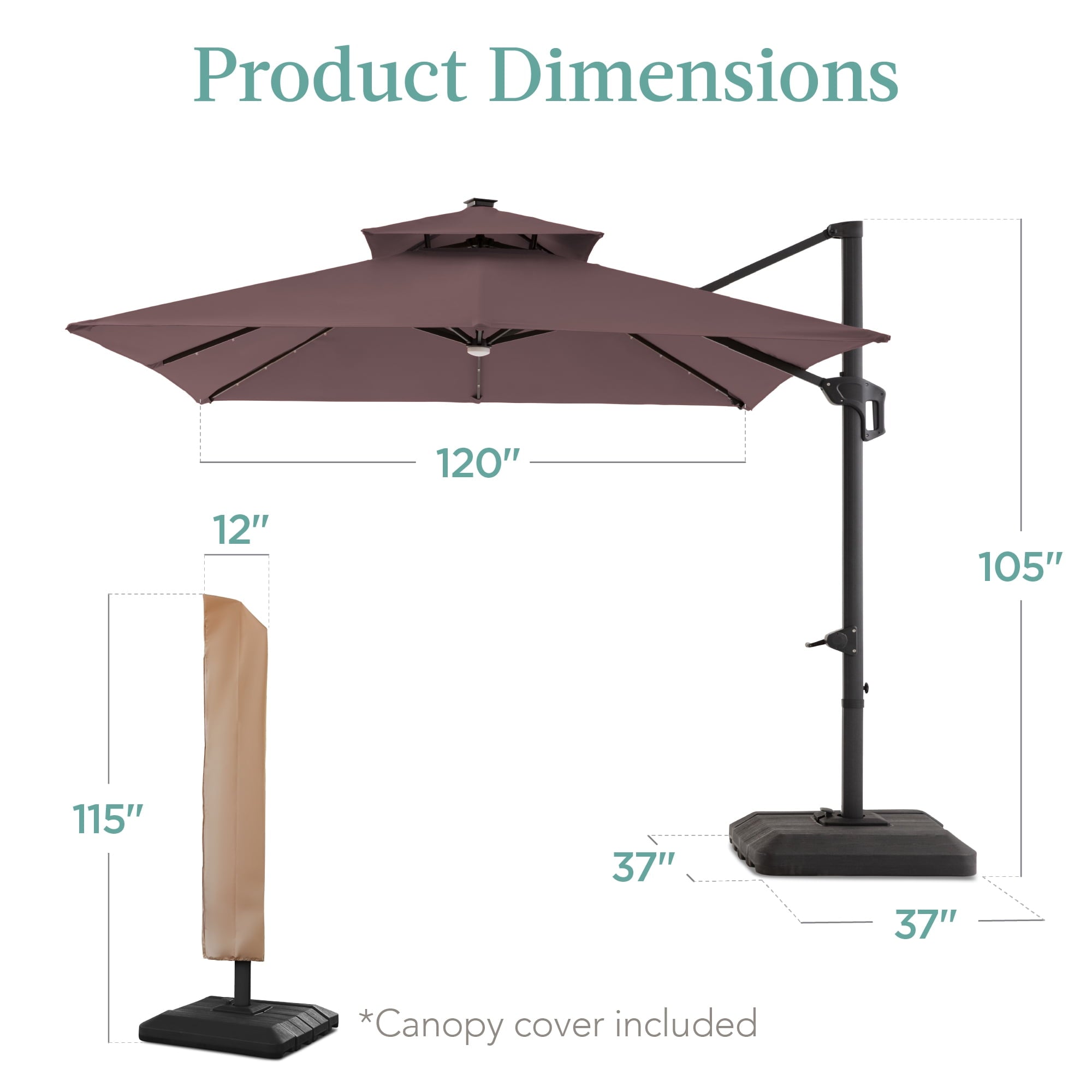 Best Choice Products 10x10ft 2-Tier Square Outdoor Solar LED Cantilever Patio Umbrella w/ Base Included - Tan