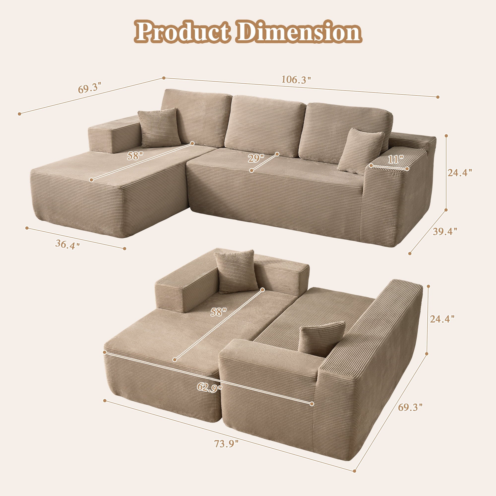 Ovios 106 Cloud Sofa Couch No Assembly Boneless Deep Seat Sofa for Living Room, Black (Corduroy)