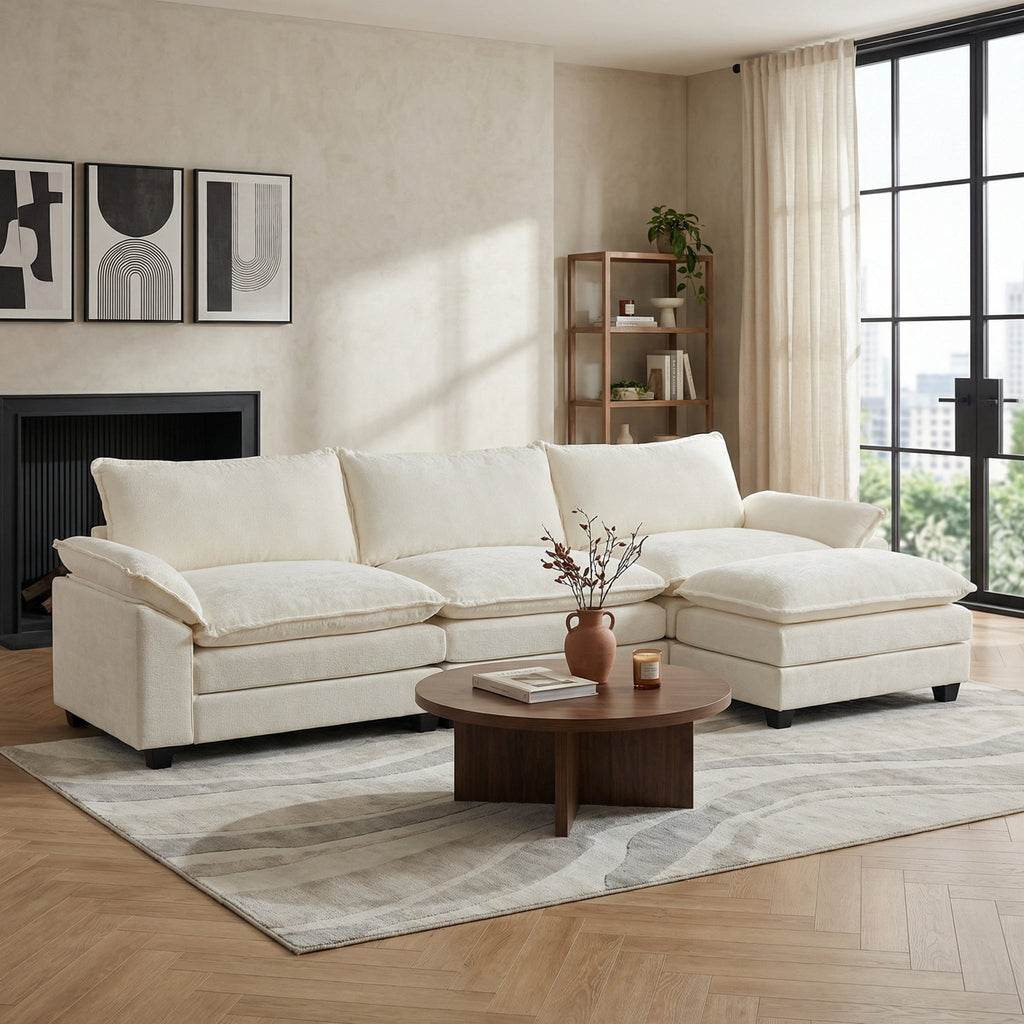 Ktaxon Sectional Sofa L Shaped Couch with Chaise Living Room Sleeper Set, 2 Seats with Chenille and Double Layer Cushions 86 W Beige