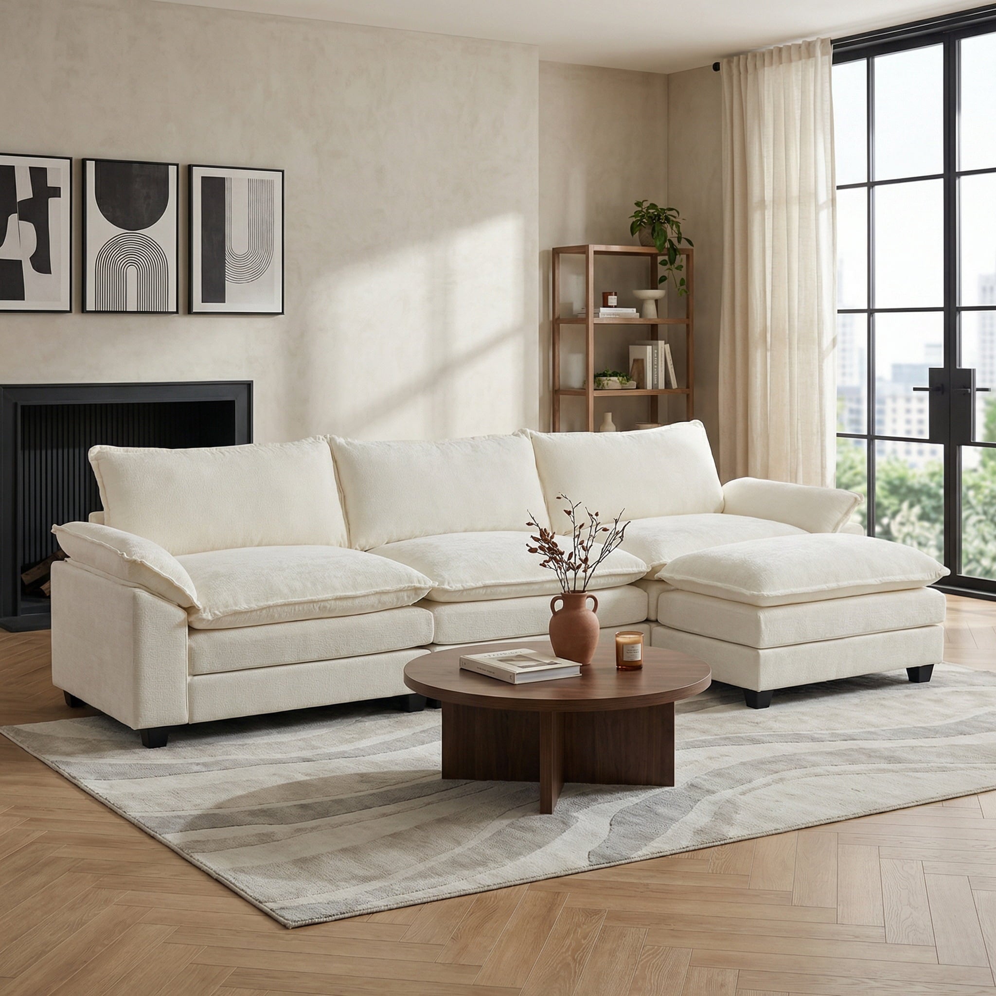 Ktaxon Sectional Sofa L Shaped Couch with Chaise Living Room Sleeper Set, 2 Seats with Chenille and Double Layer Cushions 86 W Beige
