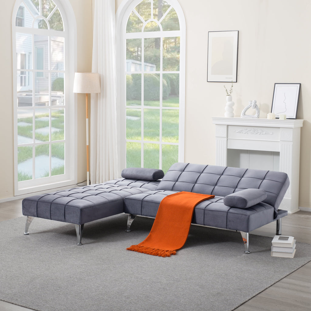 Gewnee 78.35”L-Shaped Velvet Reversible Sectional Sleeper Sofa,Futon Sofa with Adjustable Split Back & Chaise,Couch for Home,Office and Guest Room.Black