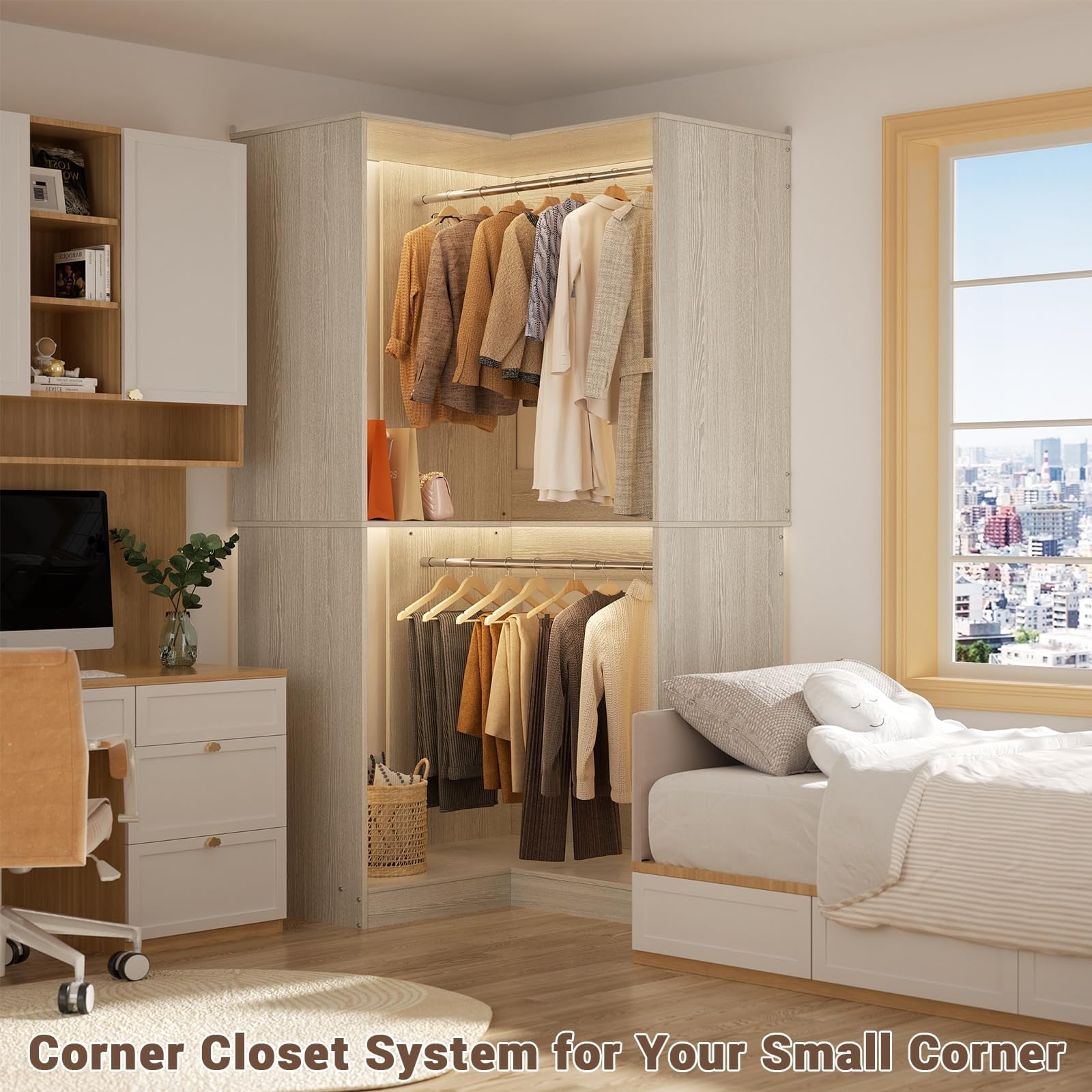 Homieasy 32'' W Corner Closet System with Hanging Rod, White