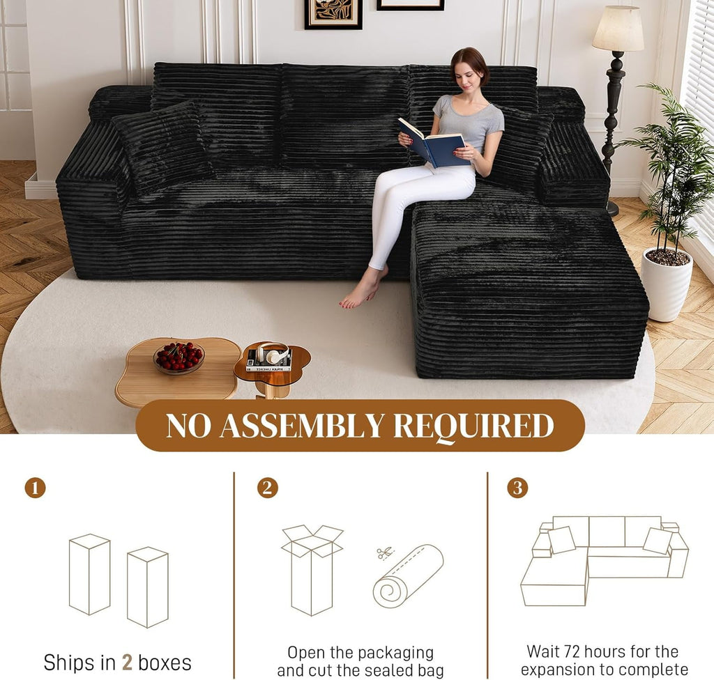 LLappuil 108 Sectional Sofa, Modular Sectional Couch with Left Chaise, Deep Seat Corduroy Cloud Sofa for Living Room Black