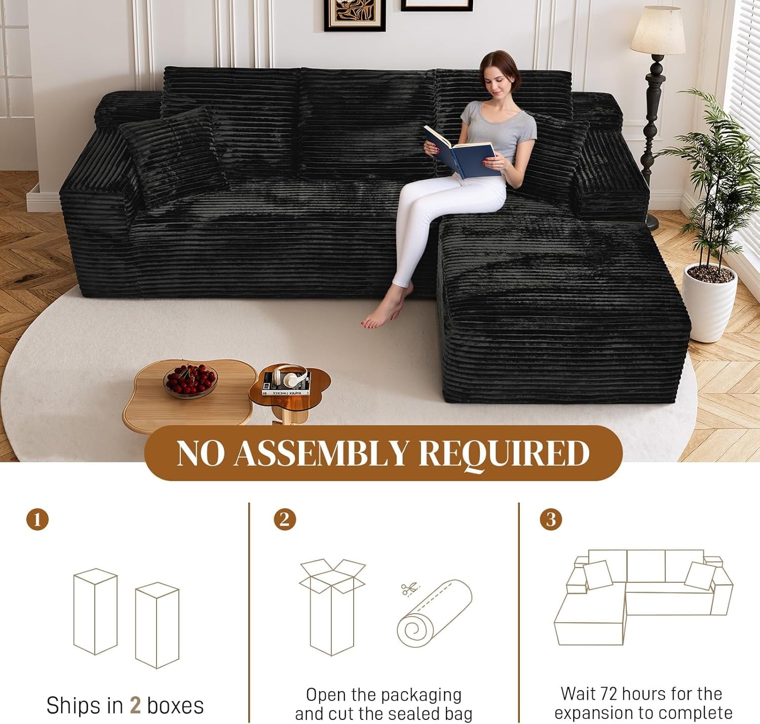 LLappuil 108 Sectional Sofa, Modular Sectional Couch with Left Chaise, Deep Seat Corduroy Cloud Sofa for Living Room Black