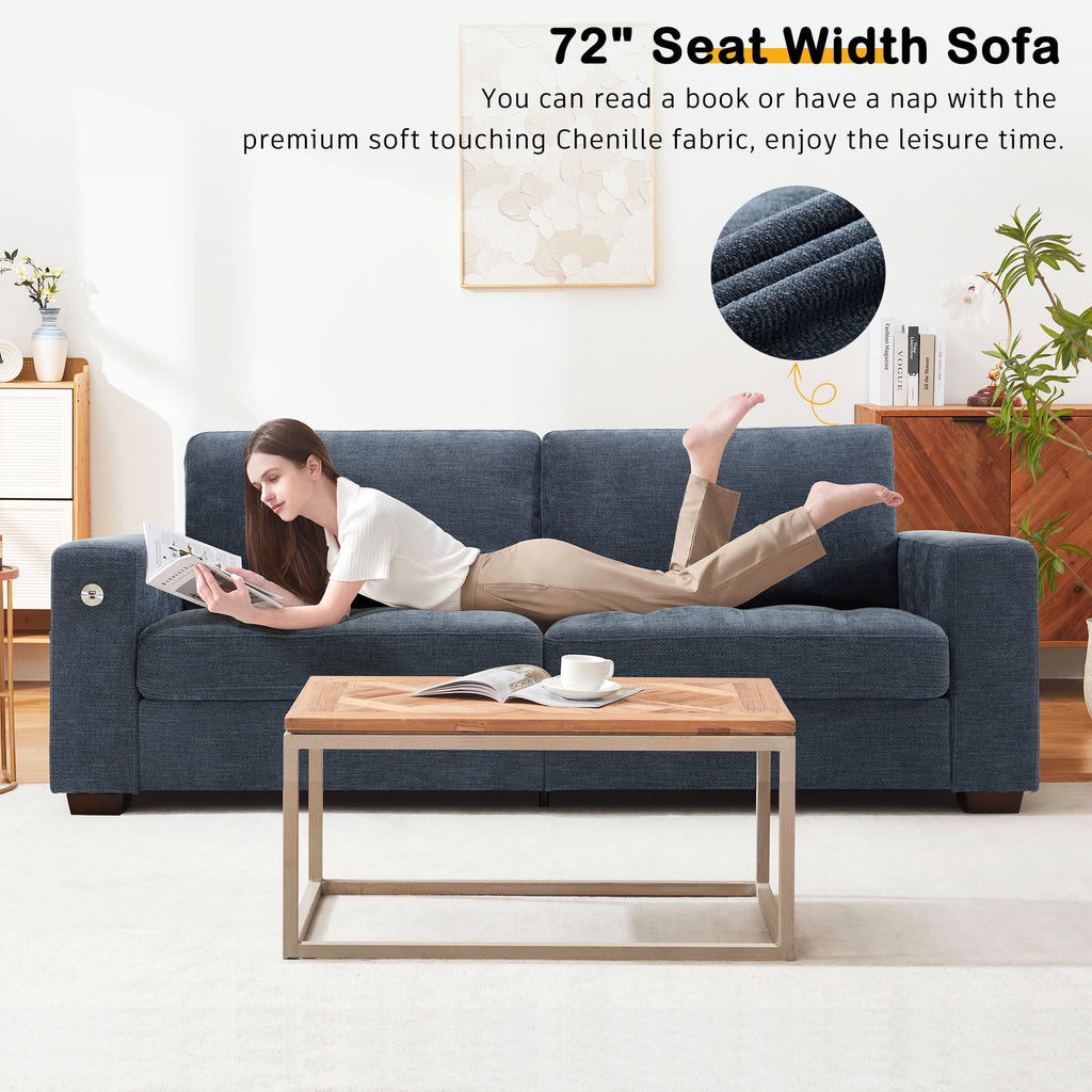 Bedluxury 89 Deep Sofa Couch with USB/Type-C Charging, Storage Pocket & Wide Armrest, Removable Cover, Seats 3 Adults, Chenille Beige