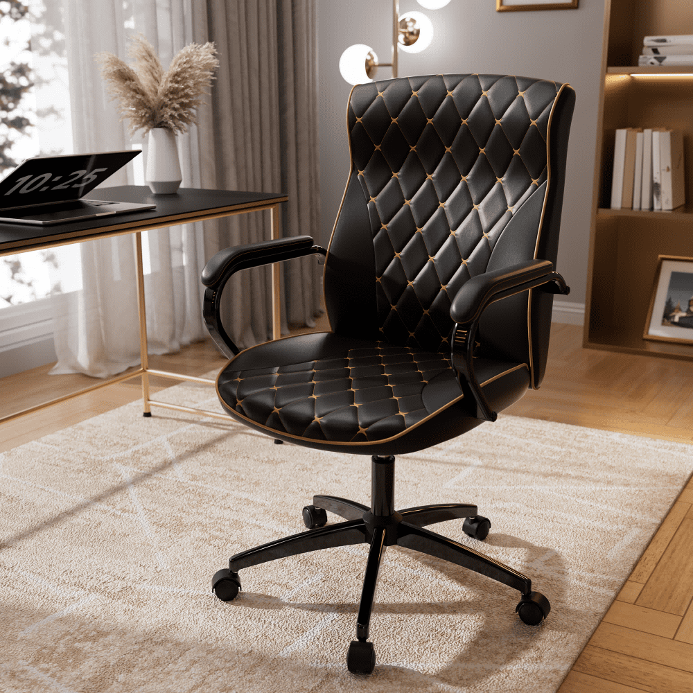HomeZeer White and Gold Office Chair, Ergonomic High Back Executive Desk Chair with Wheels and Arms, Modern PU Leather Computer Chair with Rocking Function, White(Set of 2)
