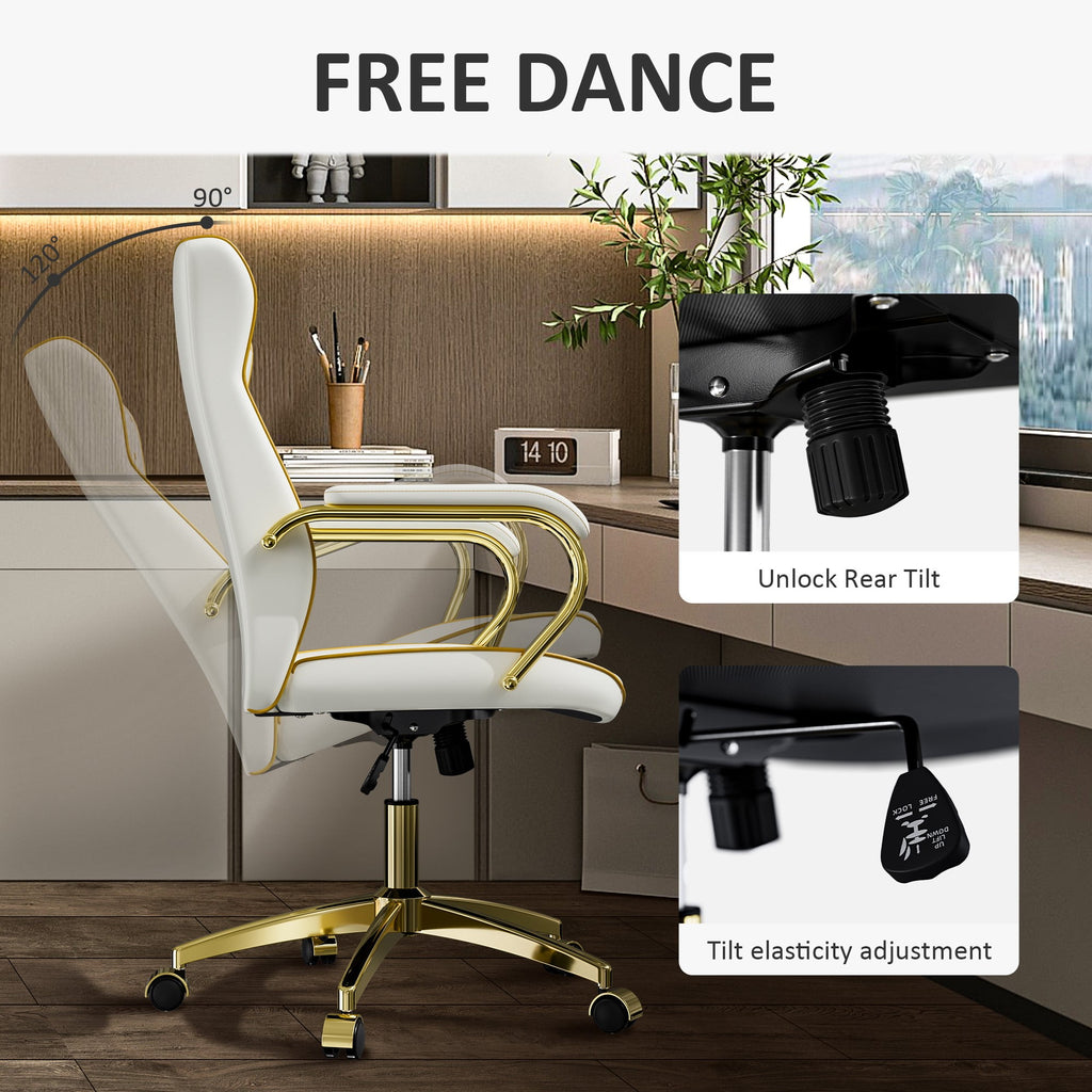 HomeZeer White and Gold Office Chair, Ergonomic High Back Executive Desk Chair with Wheels and Arms, Modern PU Leather Computer Chair with Rocking Function, White(Set of 2)