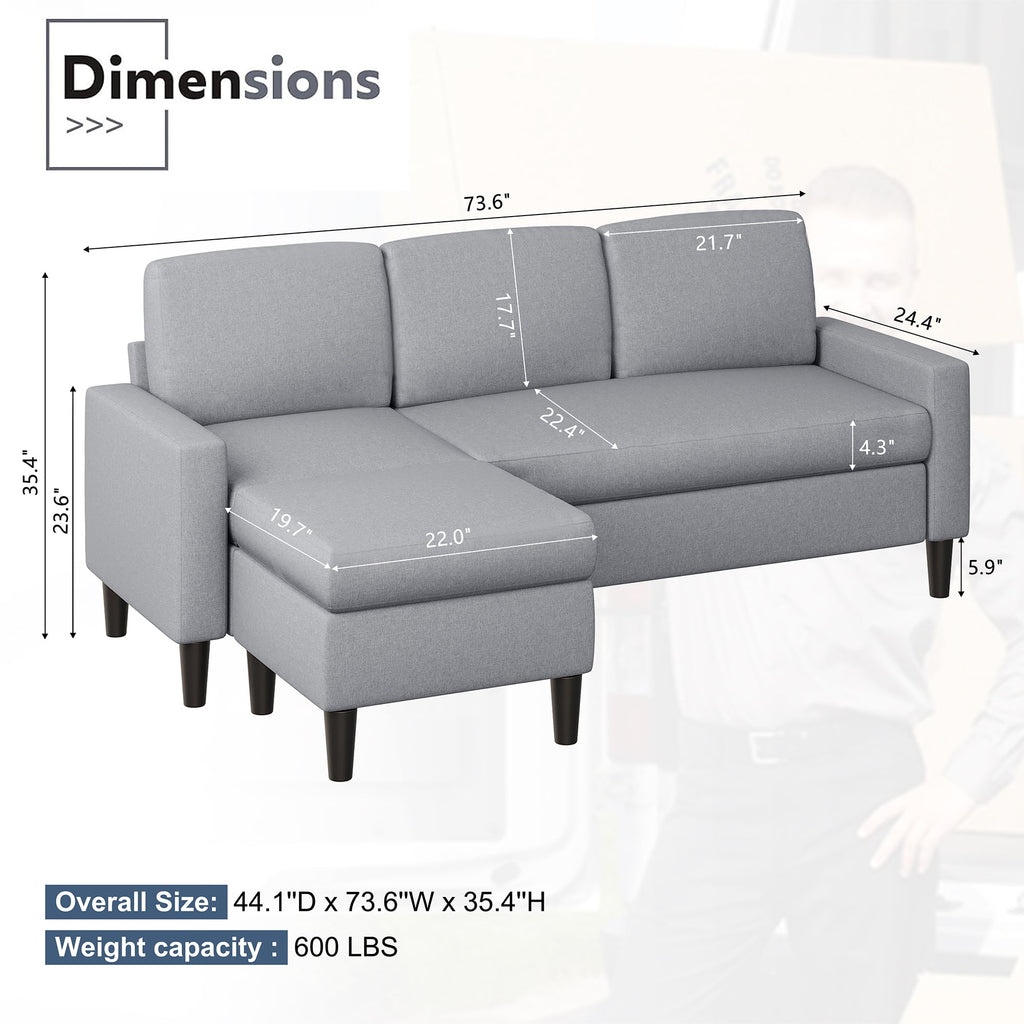 Walsunny 73.6 Convertible Sectional Sofa Couch, L-Shaped 3-Seat Sofa Couch with Reversible Chaise for Small Space,Dark Gray