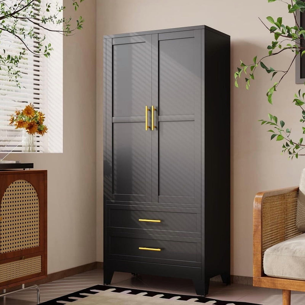 EROSOEI Metal Freestanding Armoire Wardrobe Clost With Hanging Rod and Drawers