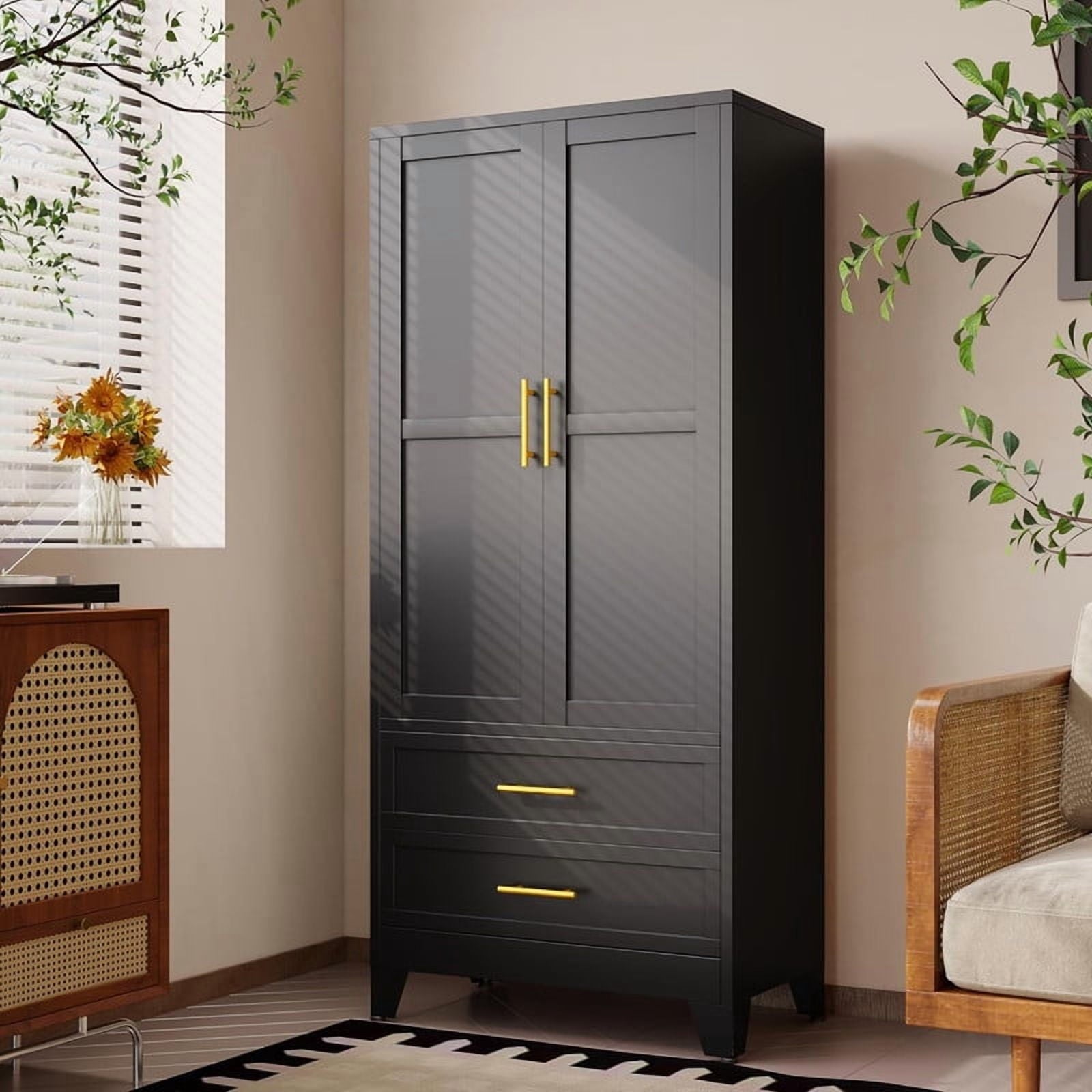 EROSOEI Metal Freestanding Armoire Wardrobe Clost With Hanging Rod and Drawers