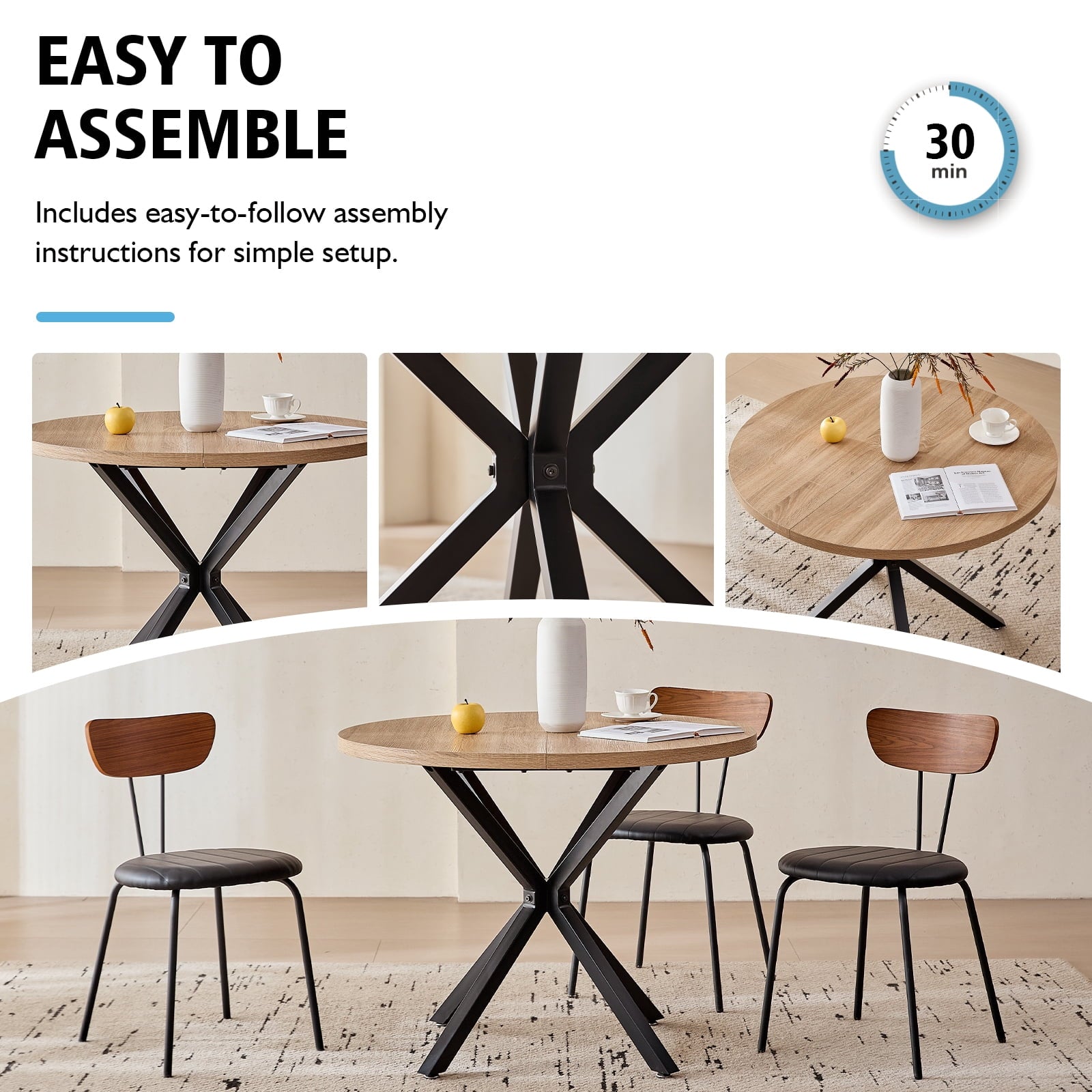 5 Piece 39 Round Dining Table Set for 4, Mid Century Kitchen Table with 4 Khaki Fabric Upholstered Dining Chairs for Apartment Living Room, Space Saving Table.