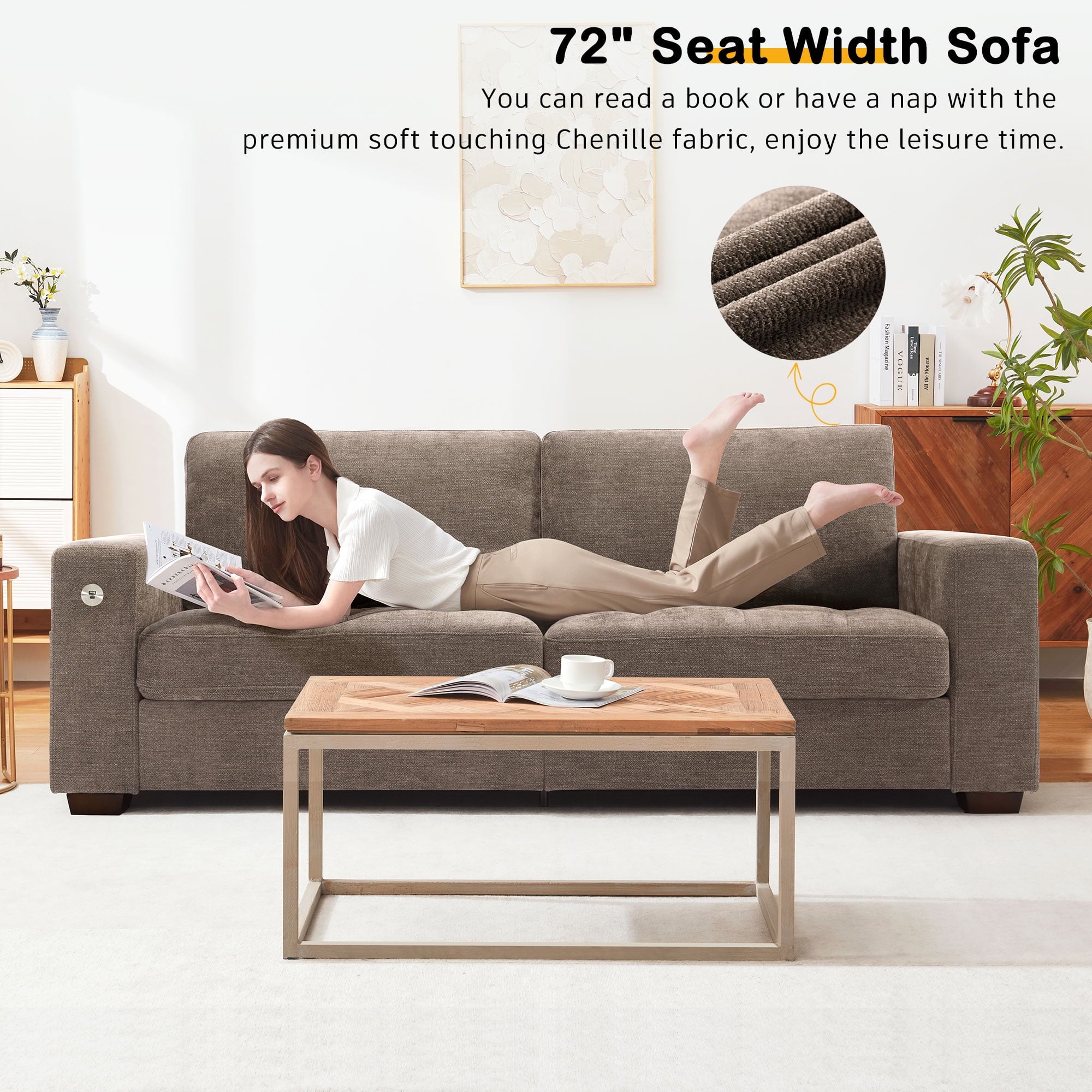Bedluxury 89 Deep Sofa Couch with USB/Type-C Charging, Storage Pocket & Wide Armrest, Removable Cover, Seats 3 Adults, Chenille Beige