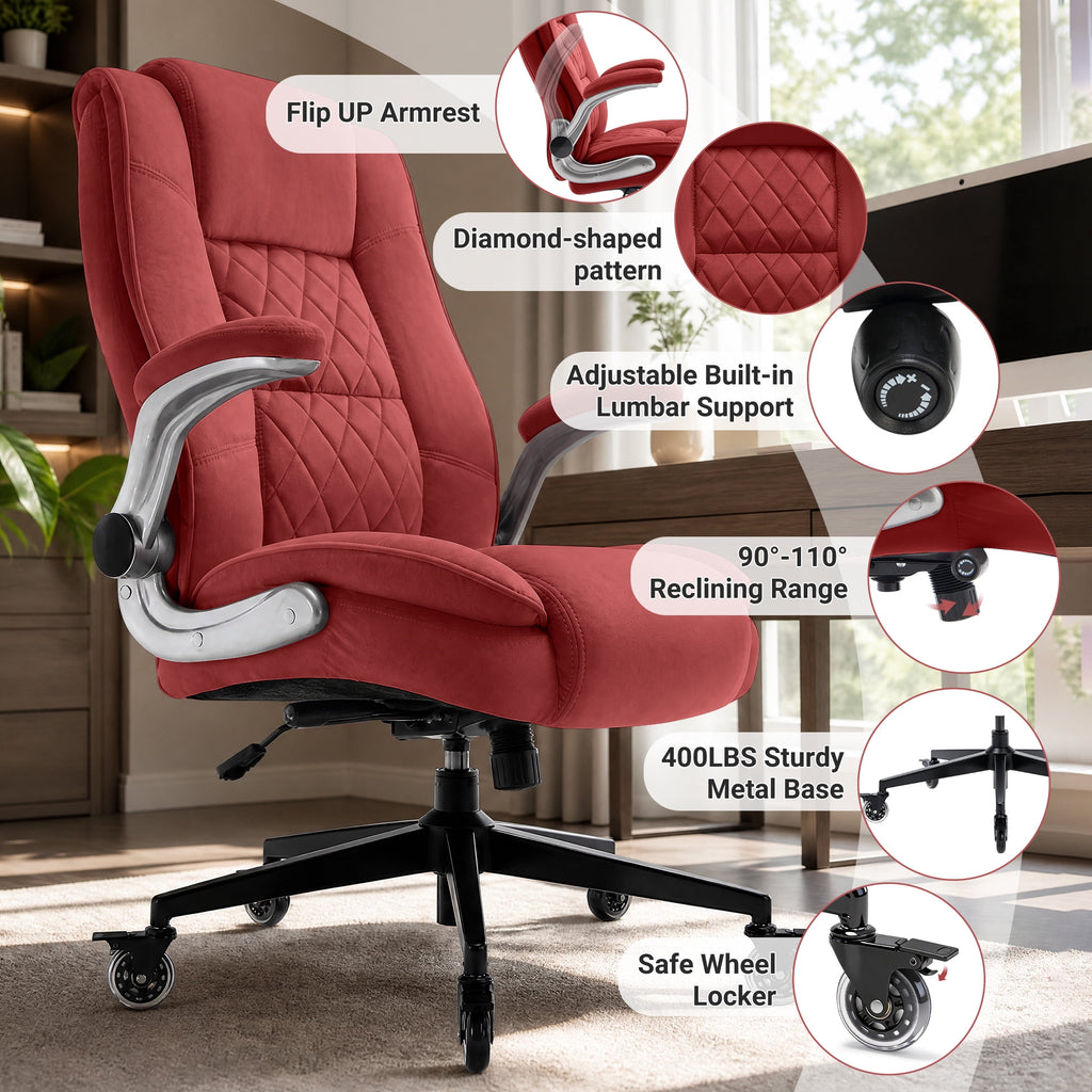 Ergonomic Home Office Chair with Locking Wheels, High-back Desk Chair with Thick Padded Flip-up Armrest, Comfy Executive Chair with Adjustable Lumbar Support for Home & Office & Work