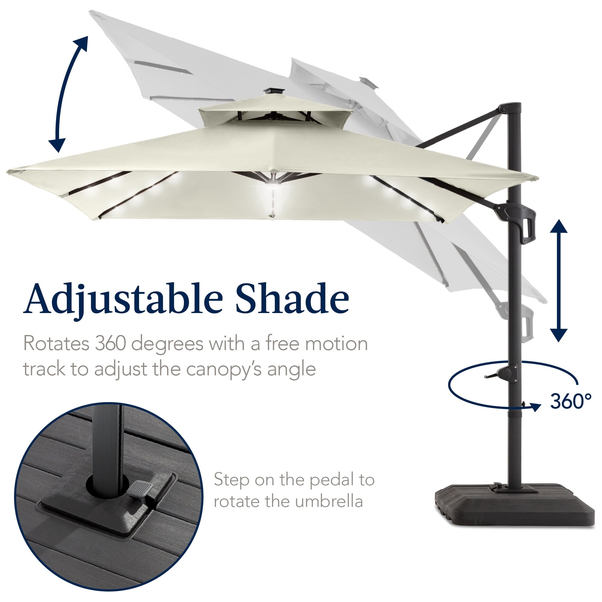 Best Choice Products 12x12ft 2-Tier Square Outdoor Solar LED Cantilever Umbrella w/ 360-Rotating Base   Gray