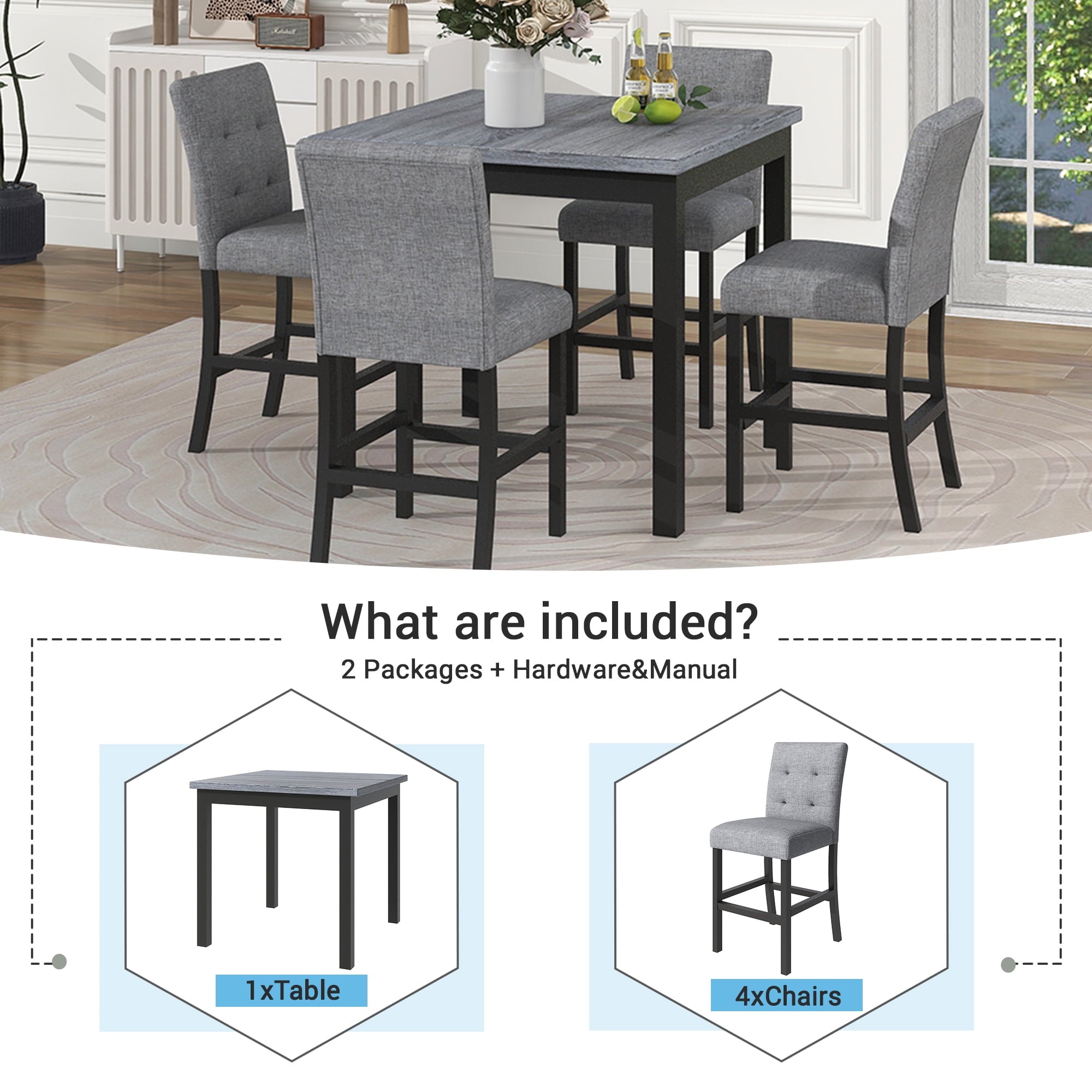 Harper & Bright Designs 5 Piece Dining Table Set Counter Height Dining Set with Classic Elegant Rectangel Table and 4 Padded Chairs for Kitchen Dining Room, Black and Beige