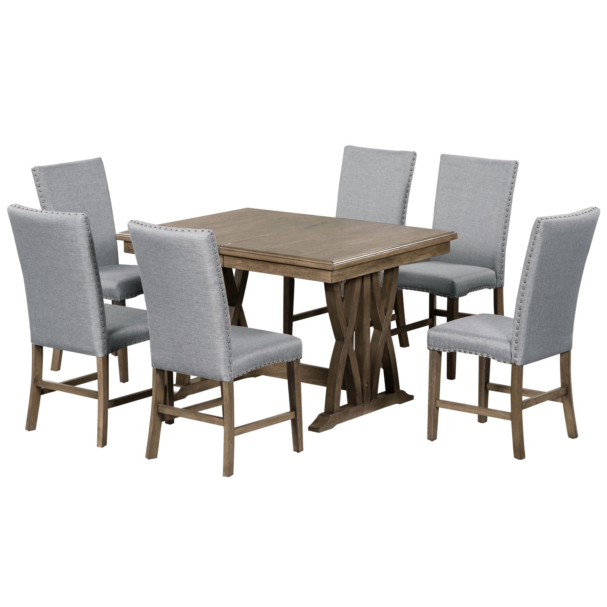 Harper & Bright Designs 7 Pieces Retro Dining Set for 6, Wood Rectangular Table with Designed Trestle Base and 6 Upholstered Chairs for Dining Room and Kitchen, Grey